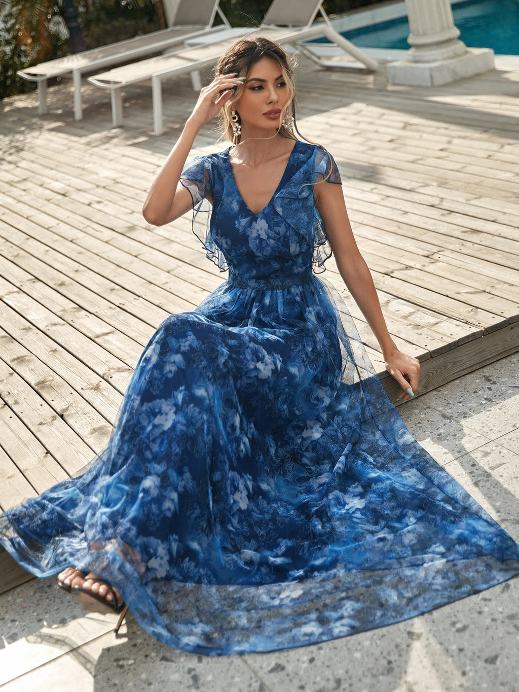 Elegant Royal Blue Floral Print Tulle Flowing Maxi Dress, V-Neck Ruffle Short Sleeve, Layered Mesh A-Line