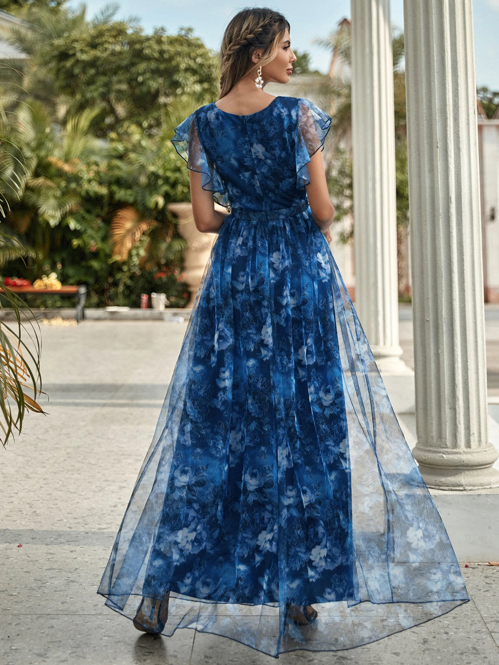 Elegant Royal Blue Floral Print Tulle Flowing Maxi Dress, V-Neck Ruffle Short Sleeve, Layered Mesh A-Line - image 3