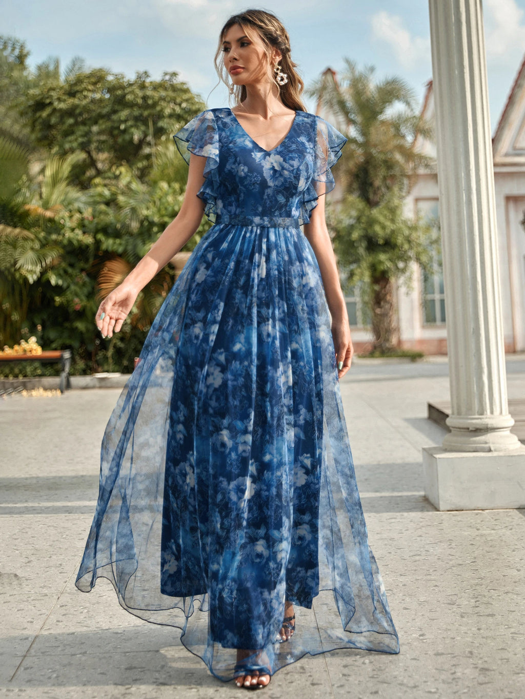 Elegant Royal Blue Floral Print Tulle Flowing Maxi Dress, V-Neck Ruffle Short Sleeve, Layered Mesh A-Line - image 4