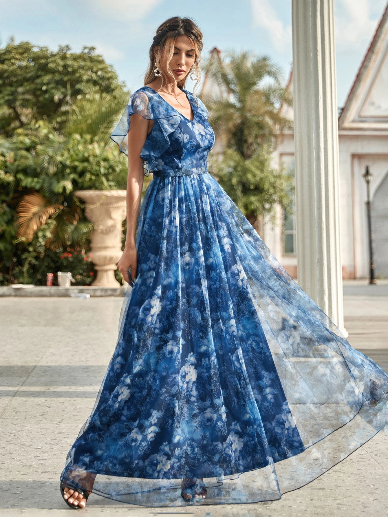 Elegant Royal Blue Floral Print Tulle Flowing Maxi Dress, V-Neck Ruffle Short Sleeve, Layered Mesh A-Line - image 5