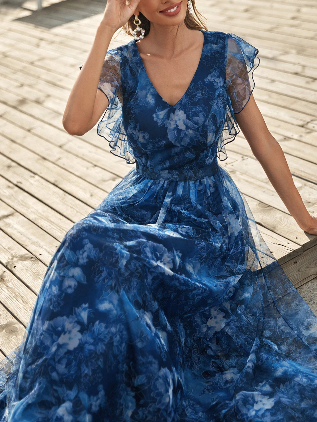 Elegant Royal Blue Floral Print Tulle Flowing Maxi Dress, V-Neck Ruffle Short Sleeve, Layered Mesh A-Line - image 2