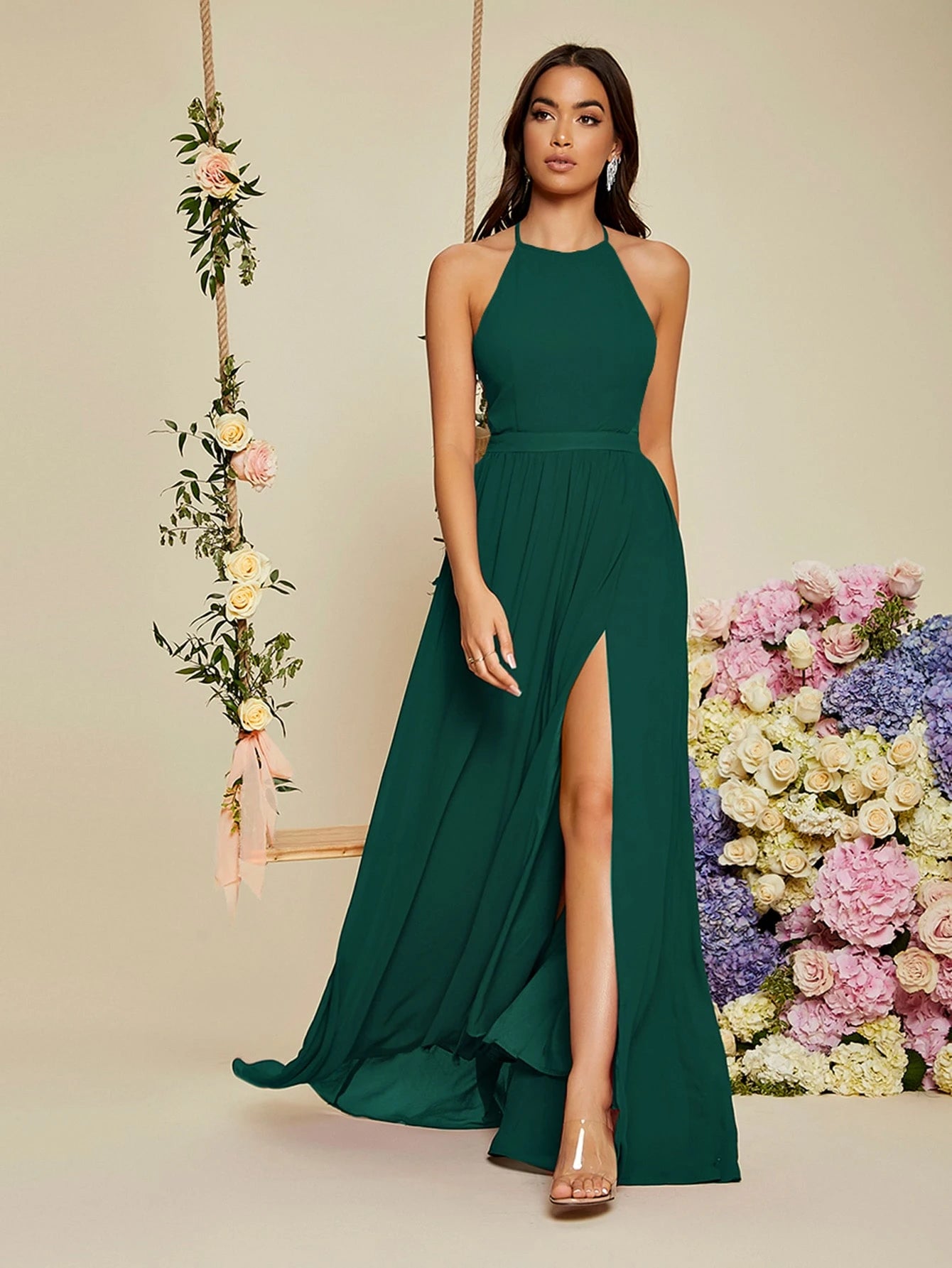 Belle Backless Halter Neck Slit Thigh Prom Dress, Bridesmaid Dress - image 7