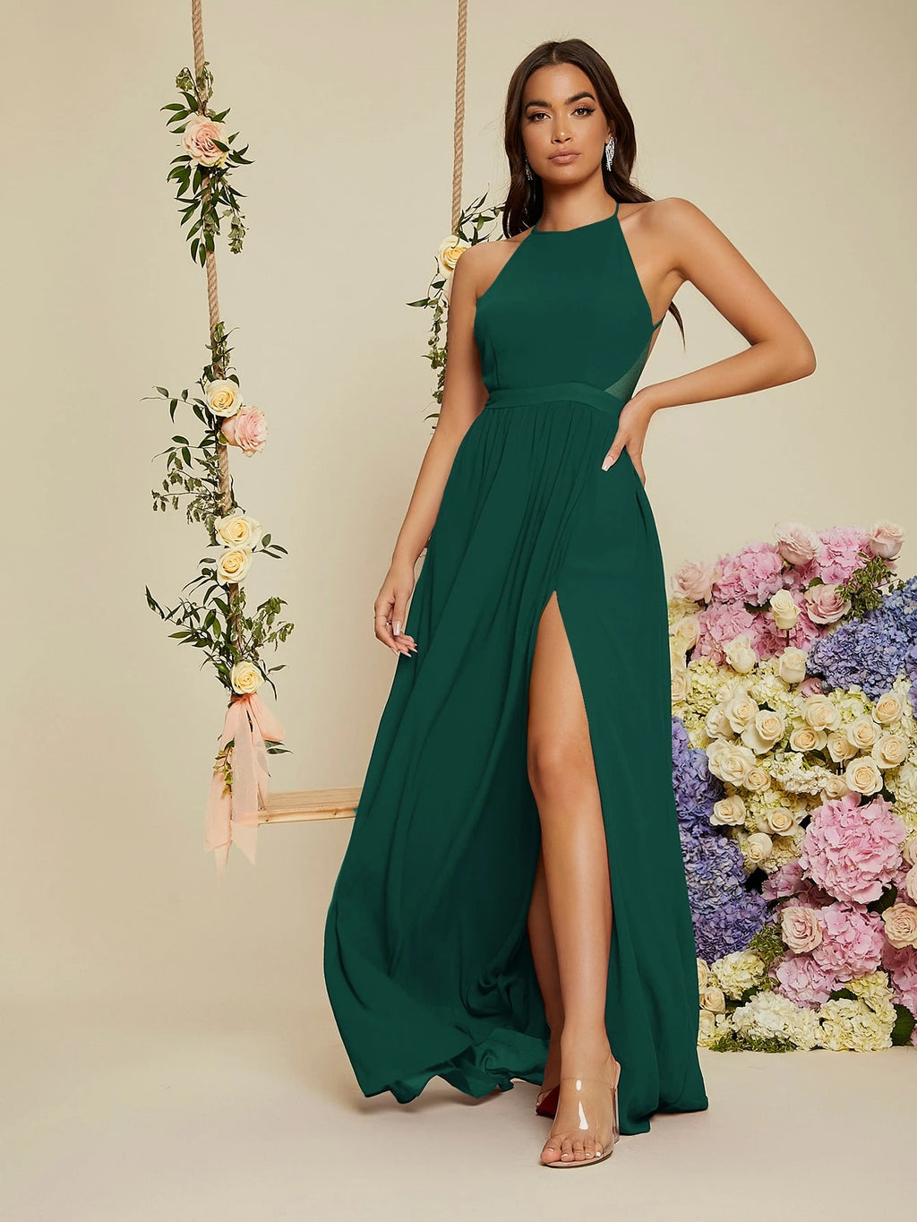 Belle Backless Halter Neck Slit Thigh Prom Dress, Bridesmaid Dress - image 9