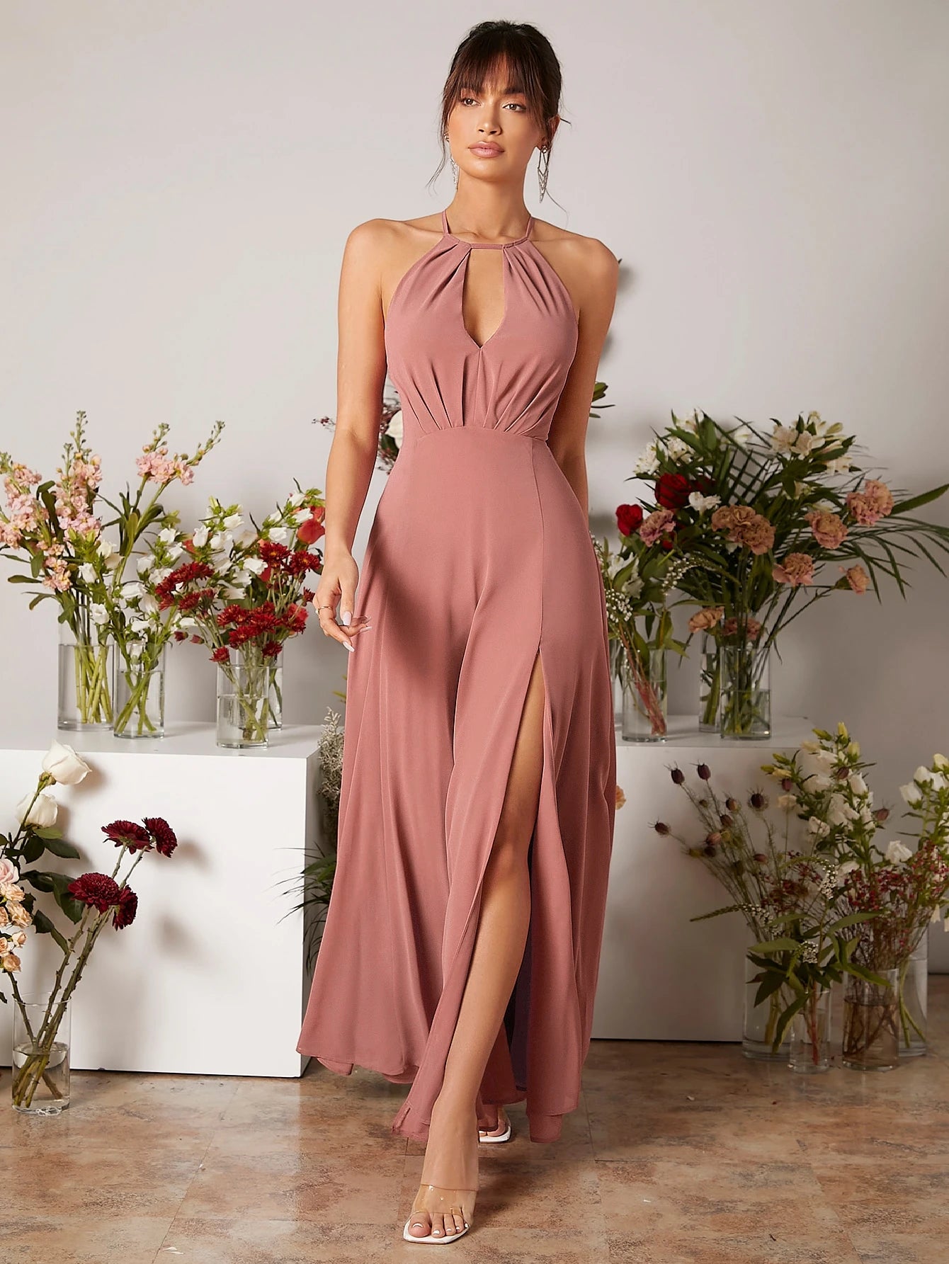 Belle Keyhole Neckline Split Thigh Chiffon Bridesmaid Dress Elegant Wedding Bridal Dress - image 10