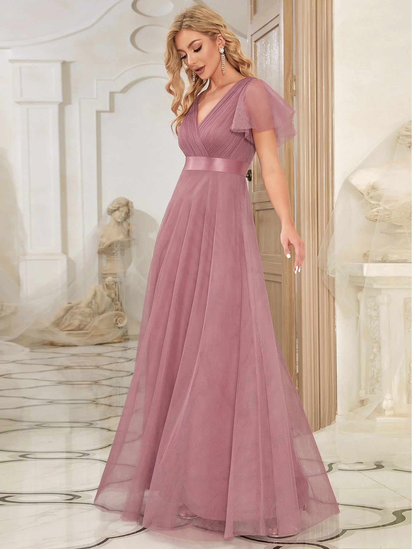EVERPRETTY Romantic V-Neck A-Line Chiffon Pink Bridesmaid Dress, Suitable For Wedding Guests, Formal - image 13