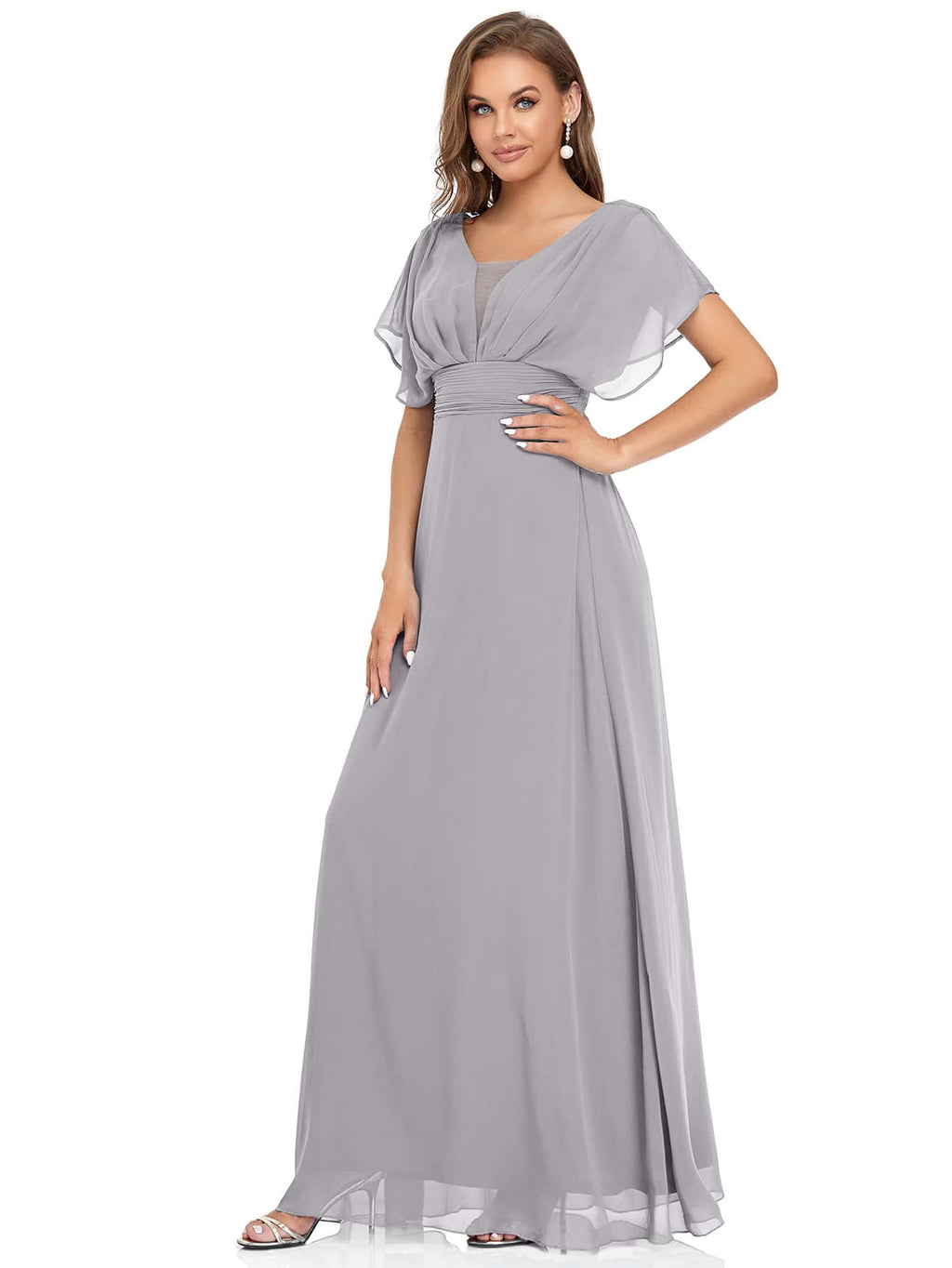 EVERPRETTY Elegant Batwing Sleeve Mesh Patchwork Ball Gown, Light Blue Bridesmaid Dress - image 6