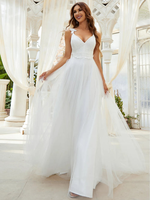 EVERPRETTY Elegant Lace Contrast Color Mesh Sleeveless Wedding Dress, Graceful White Bridal Gown, Suitable