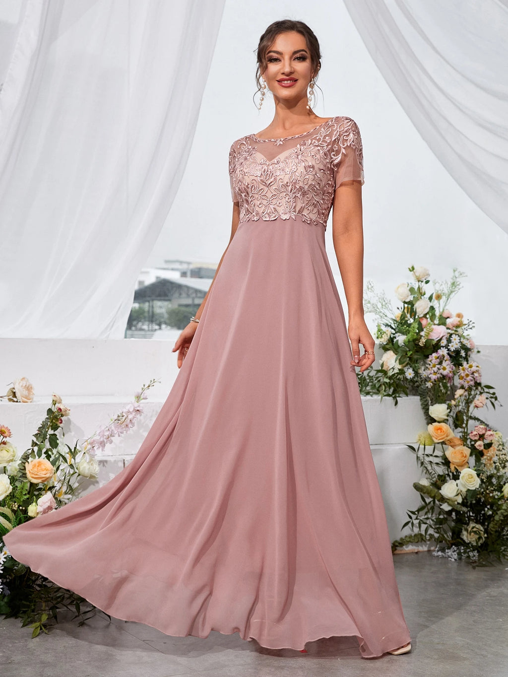 UNITHORSE Floral Embroidered Chiffon Bridesmaid Dress, Birthday Dress, Graduation Dress, Formal Dress Wedding