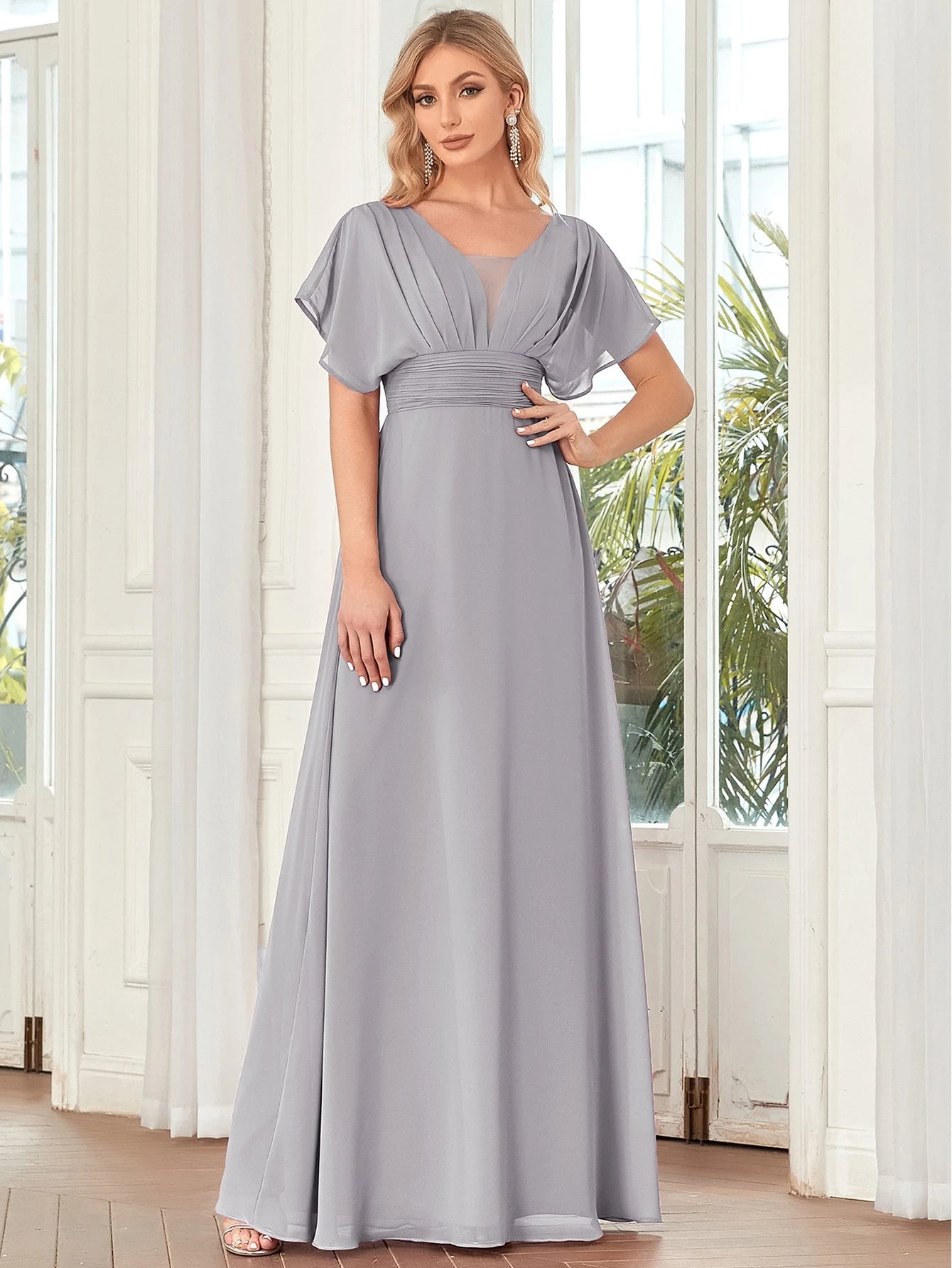 EVERPRETTY Elegant Batwing Sleeve Mesh Patchwork Ball Gown, Light Blue Bridesmaid Dress - image 3