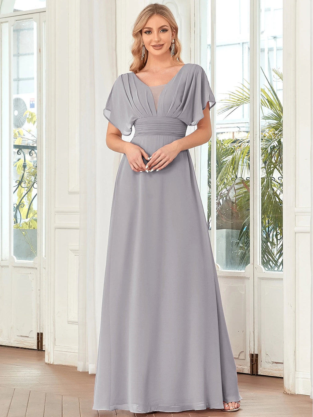 EVERPRETTY Elegant Batwing Sleeve Mesh Patchwork Ball Gown, Light Blue Bridesmaid Dress - image 4