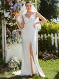 EVERPRETTY Elegant V-Neck Ruched High Slit Sleeveless Long Tail Wedding Dress, White Graceful Bridal Gown