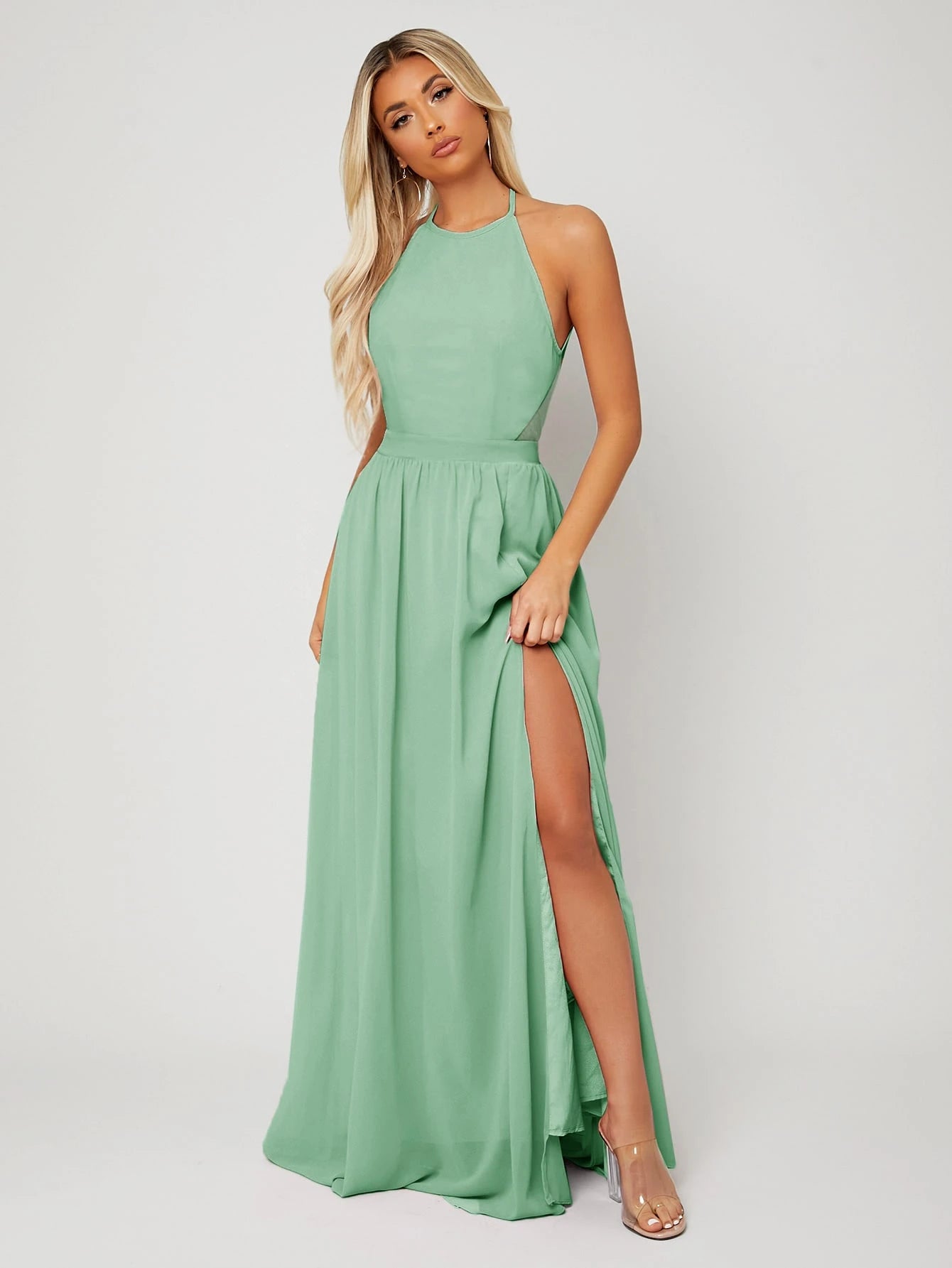 Belle Backless Halter Neck Slit Thigh Prom Dress, Bridesmaid Dress - image 11
