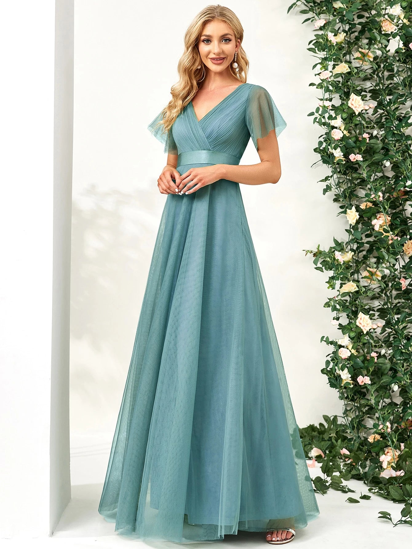 EVERPRETTY Romantic V-Neck A-Line Chiffon Pink Bridesmaid Dress,
