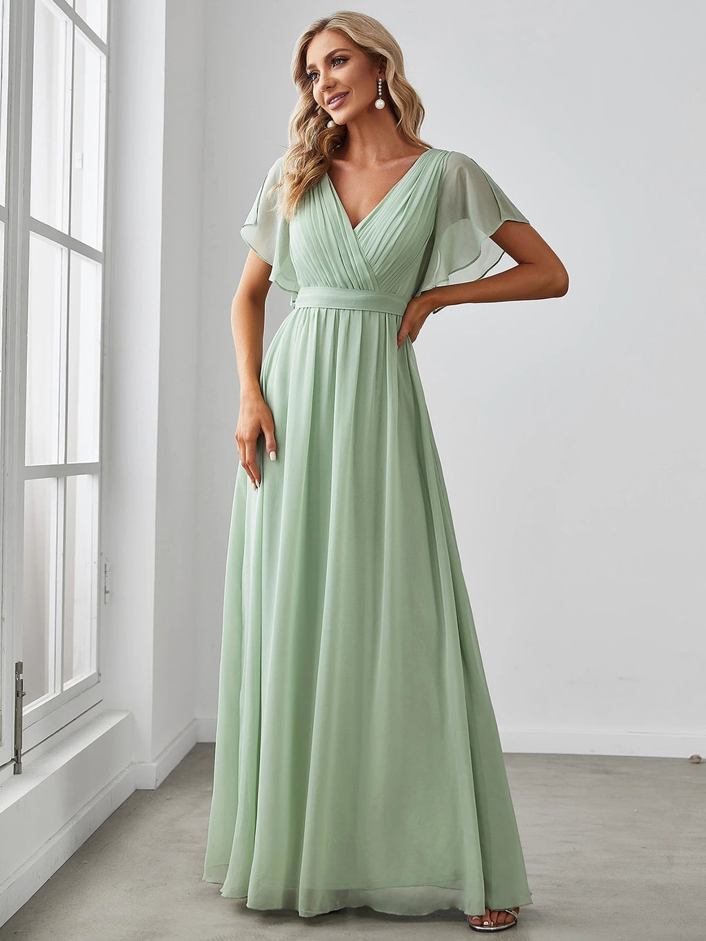 EVERPRETTY Butterfly Sleeve Pleated Chiffon Light Pink Bridesmaid Dress, Elegant Wedding Guest Dress, Spring - image 7