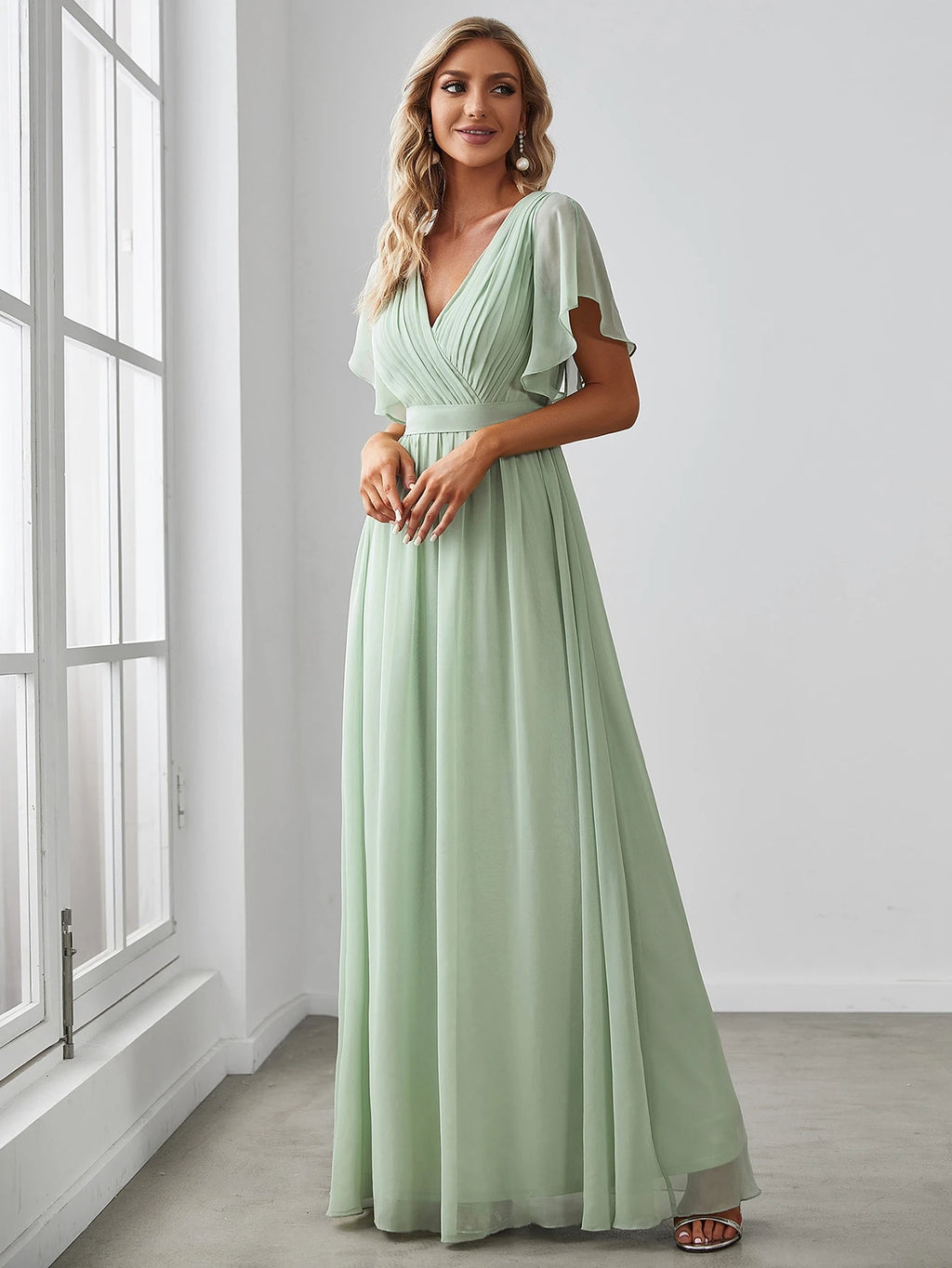EVERPRETTY Butterfly Sleeve Pleated Chiffon Light Pink Bridesmaid Dress, Elegant Wedding Guest Dress, Spring - image 5