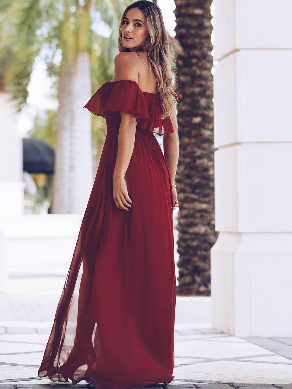 EVERPRETTY Open Shoulder Ruffle Sleeve Side Slit A-Line Chiffon Burgundy Bridesmaid Dress, Wedding Guest - image 7