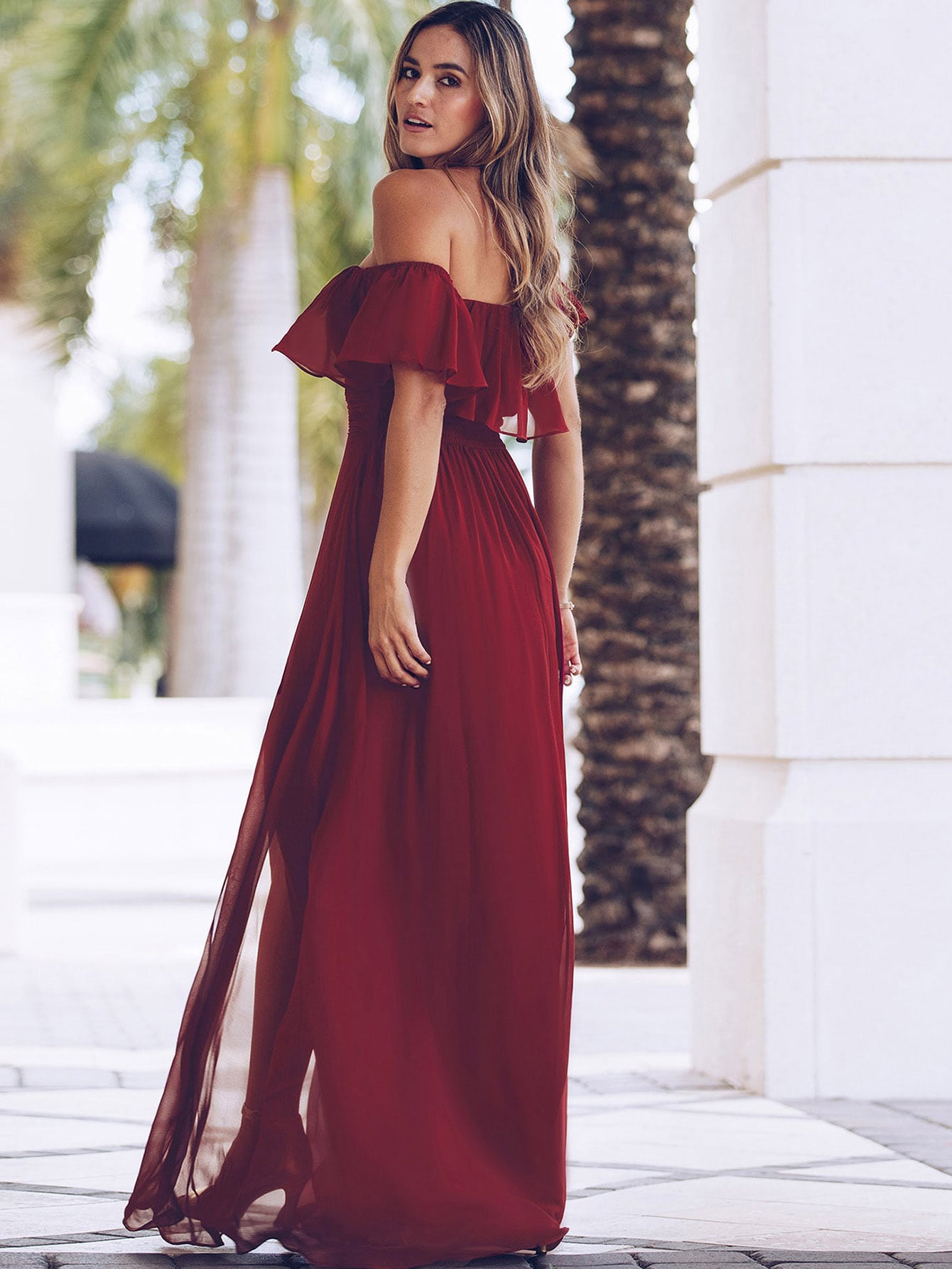 EVERPRETTY Open Shoulder Ruffle Sleeve Side Slit A-Line Chiffon Burgundy Bridesmaid Dress, Wedding Guest - image 7