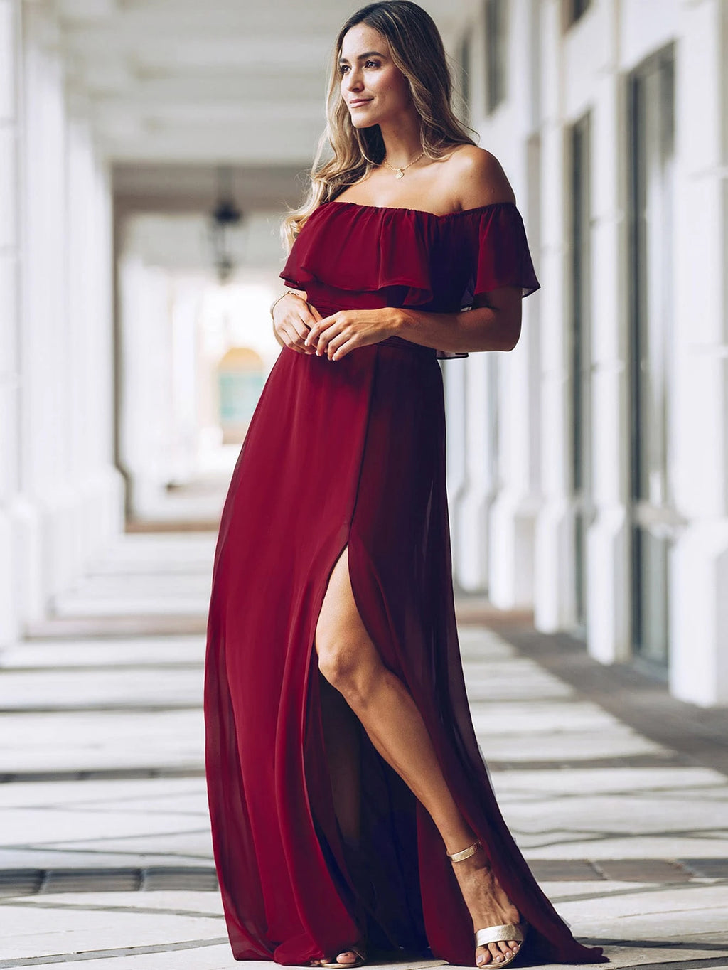 EVERPRETTY Open Shoulder Ruffle Sleeve Side Slit A-Line Chiffon Burgundy Bridesmaid Dress, Wedding Guest - image 8