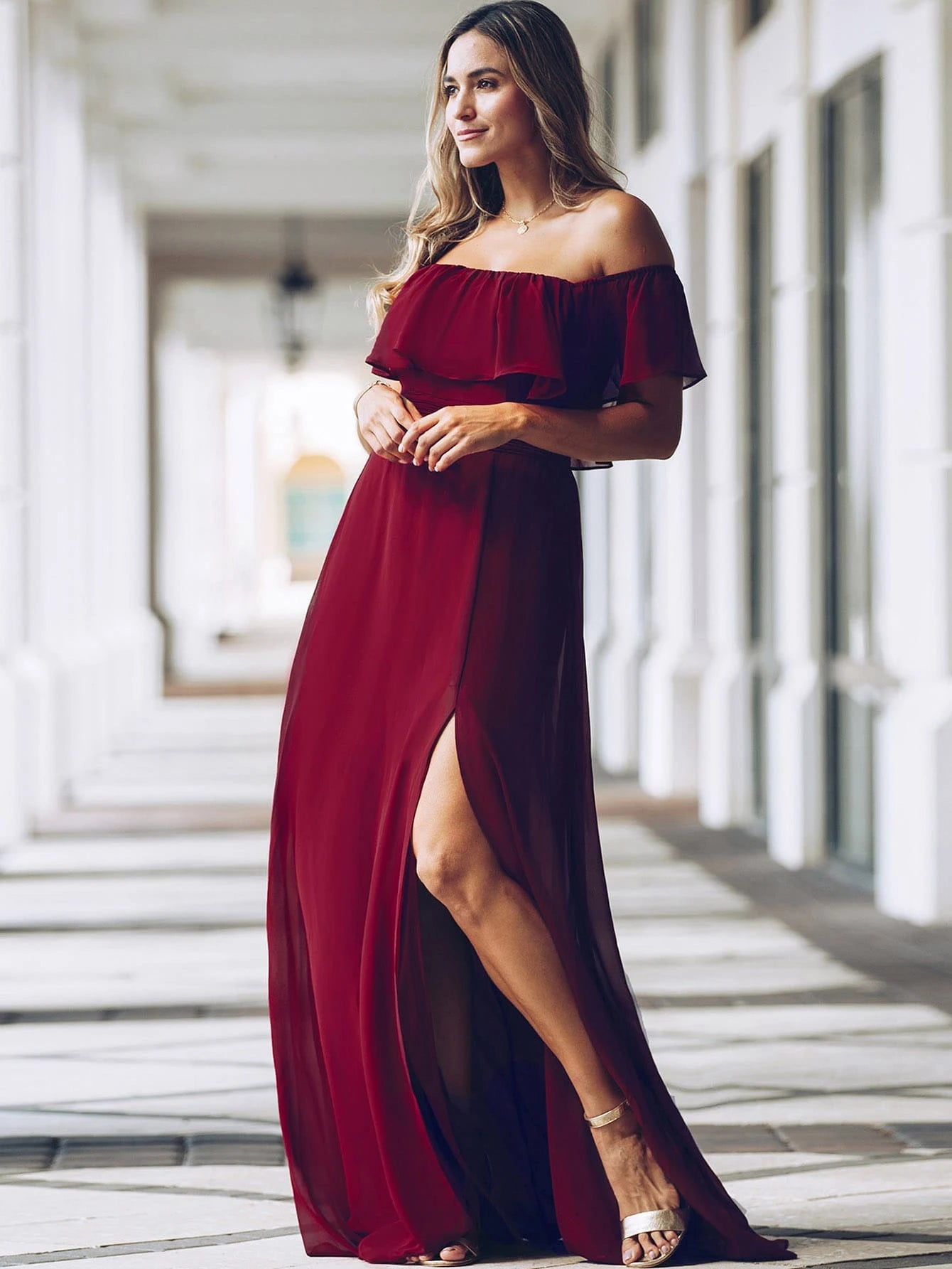 EVERPRETTY Open Shoulder Ruffle Sleeve Side Slit A-Line Chiffon Burgundy Bridesmaid Dress, Wedding Guest - image 8