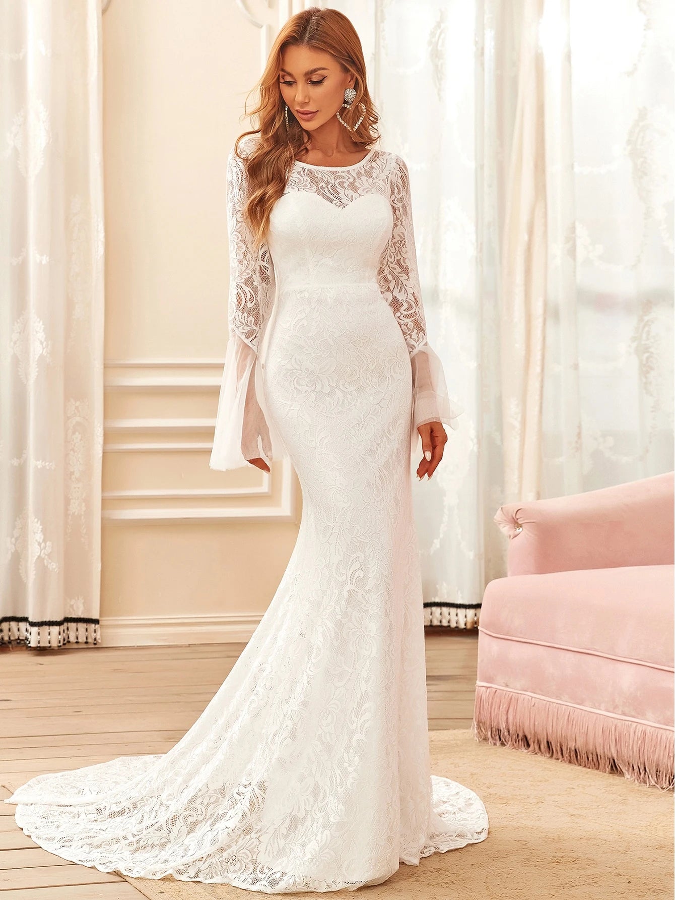 EVERPRETTY Classic Ruffle Sleeve Lace Mermaid Wedding Dress With Train, Suitable For Courthouse Wedding,