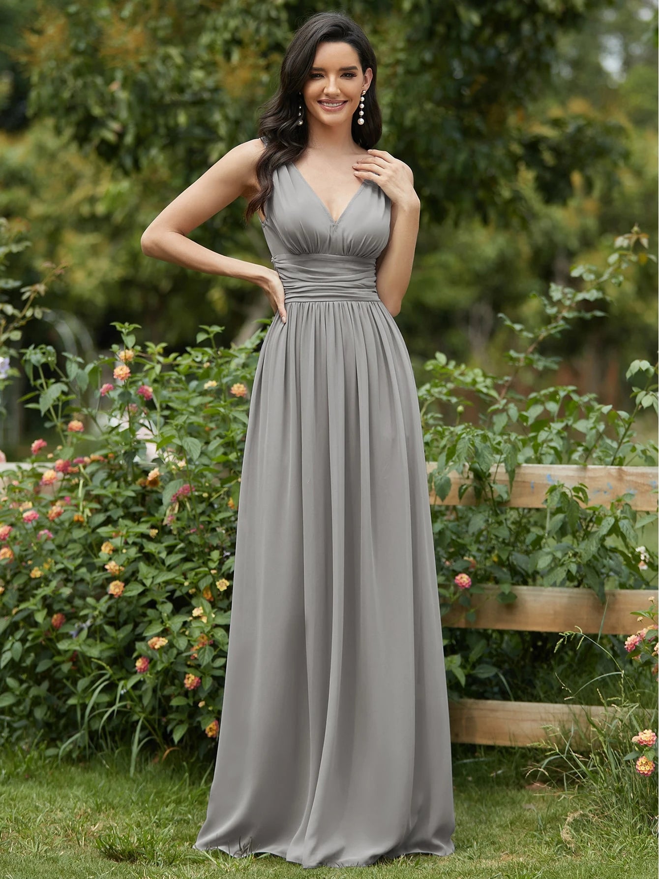 Elegant Chiffon V-Neck Sleeveless Ruched Long Black Bridesmaid Dress, Suitable For Spring/Summer Wedding - image 19