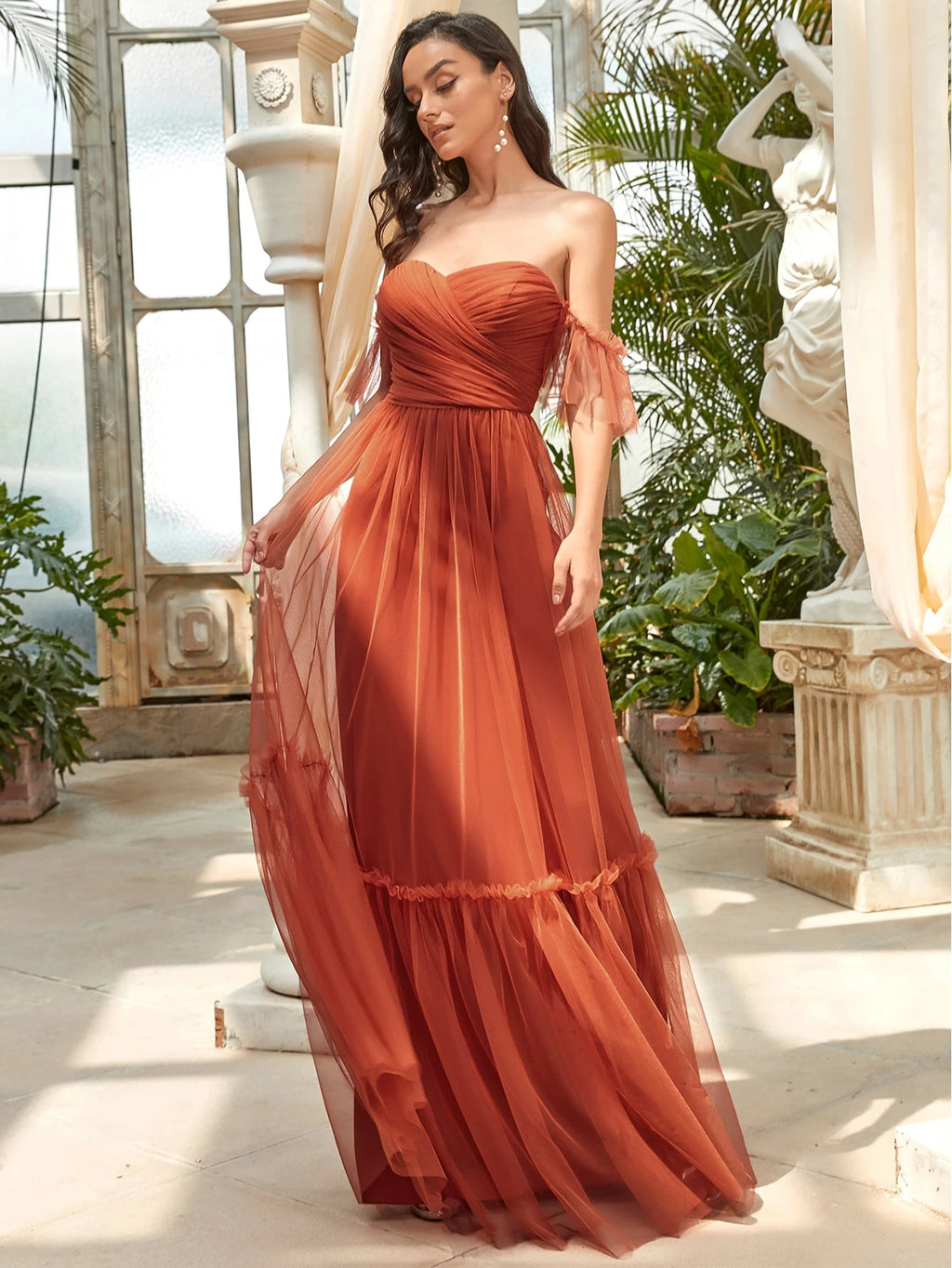 EVERPRETTY Romantic Off-Shoulder Ruffle Hem Mesh Tangerine Bridesmaid Dress, Suitable For Wedding, Party, - image 11