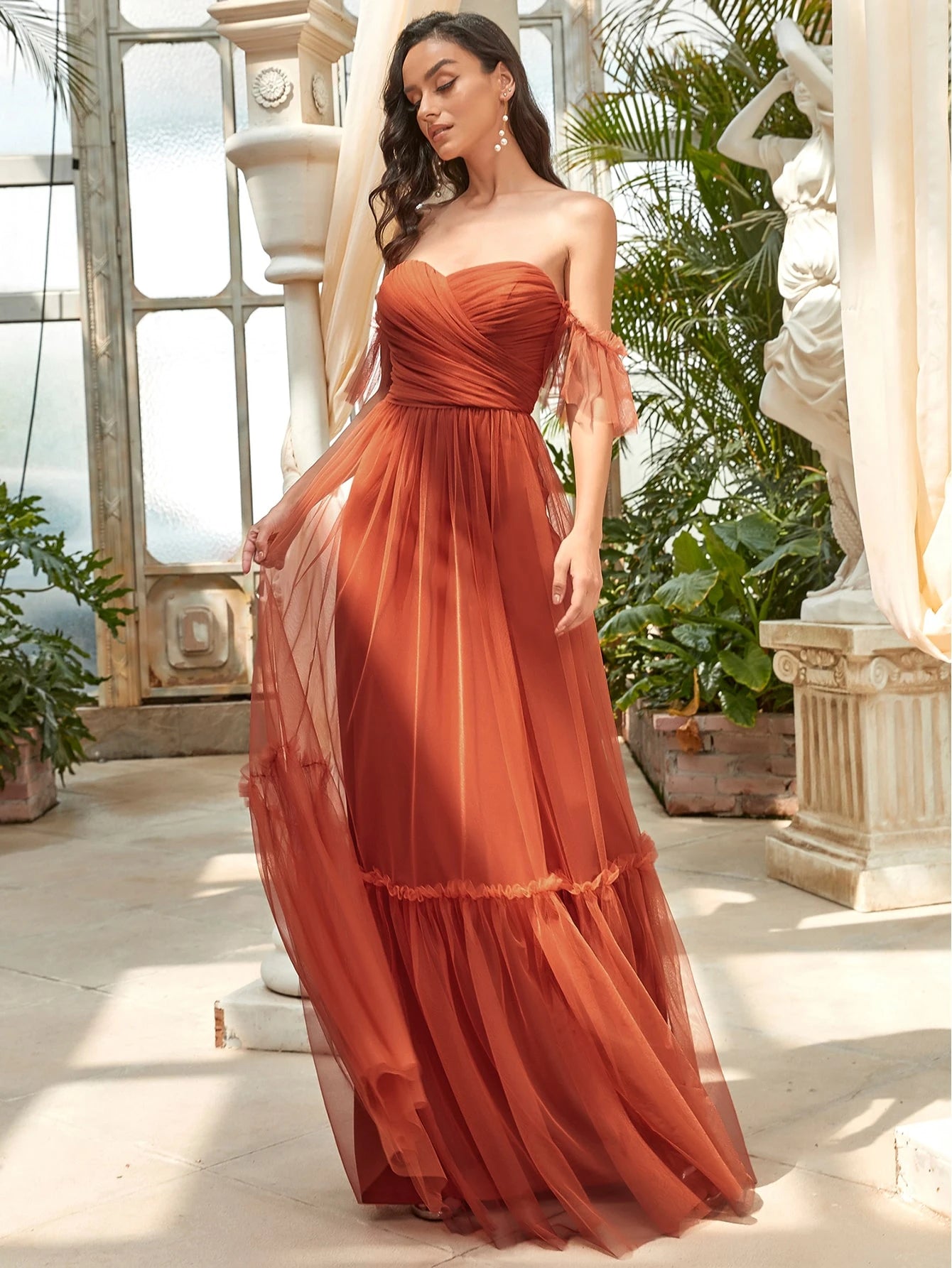 EVERPRETTY Romantic Off-Shoulder Ruffle Hem Mesh Tangerine Bridesmaid Dress, Suitable For Wedding, Party, - image 11