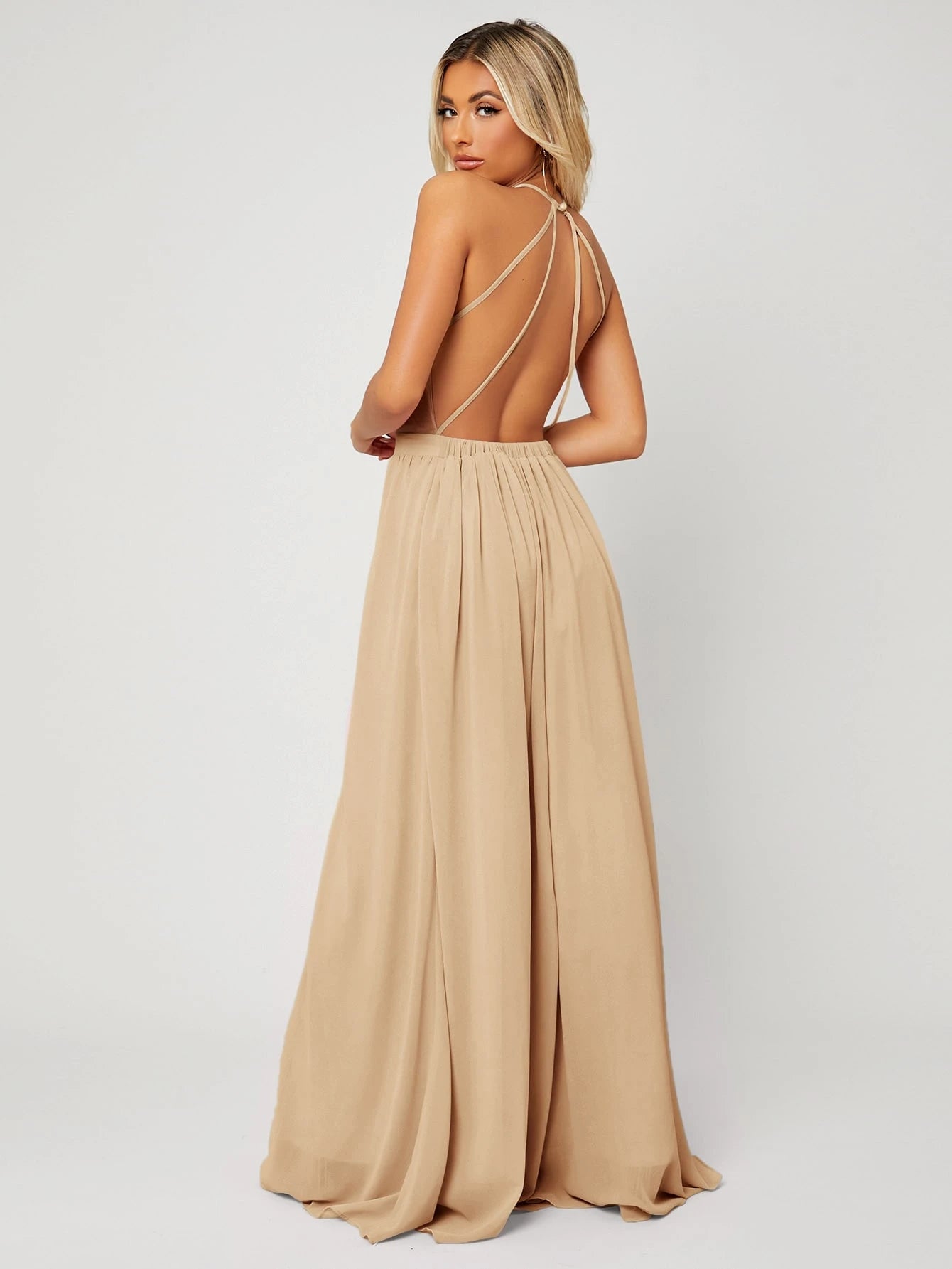 Belle Backless Halter Neck Slit Thigh Prom Dress, Bridesmaid Dress - image 2
