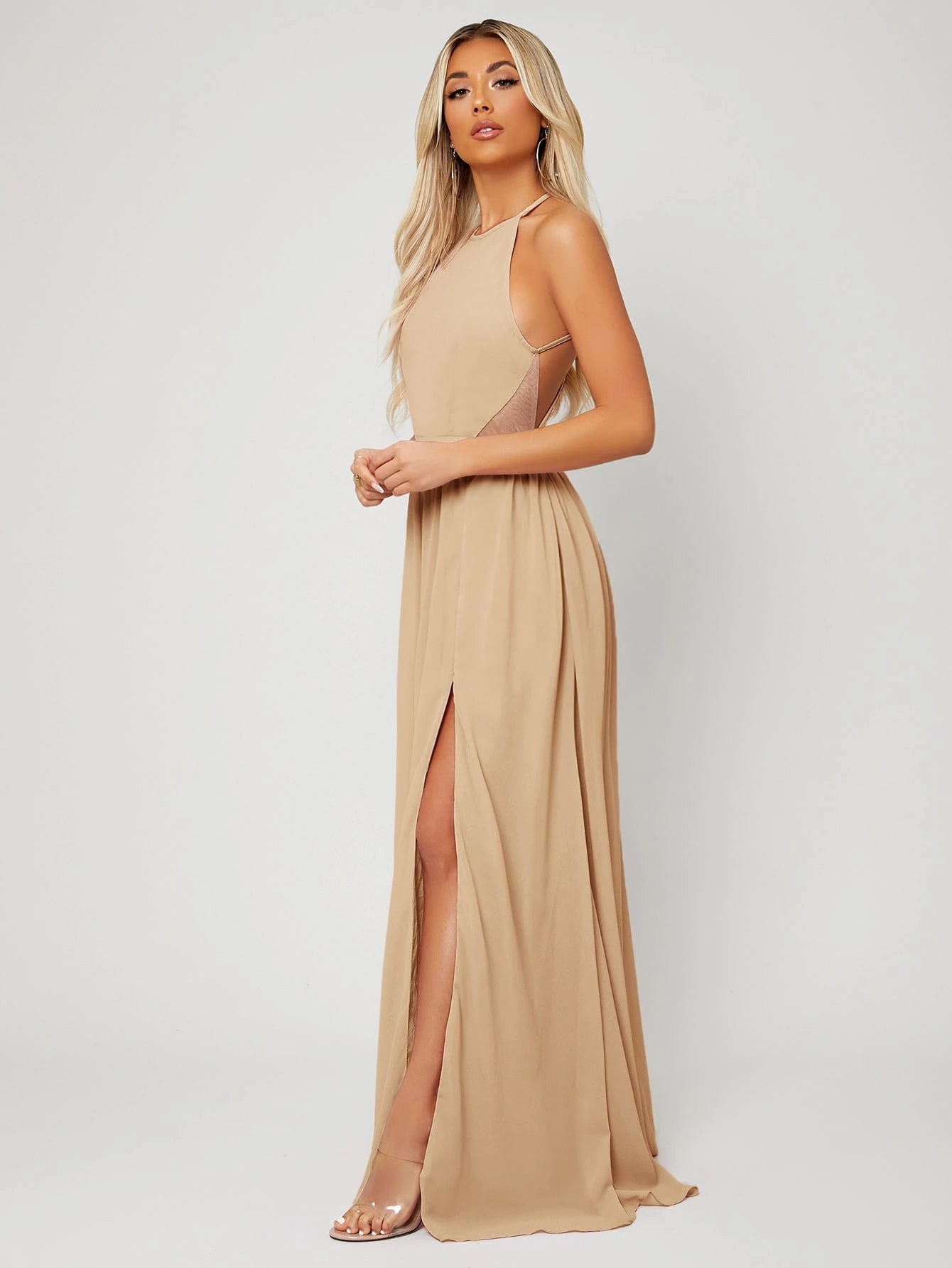 Belle Backless Halter Neck Slit Thigh Prom Dress, Bridesmaid Dress - image 3