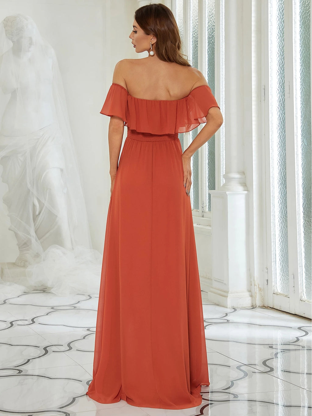 EVERPRETTY Open Shoulder Ruffle Sleeve Side Slit A-Line Chiffon Burgundy Bridesmaid Dress, Wedding Guest - image 12