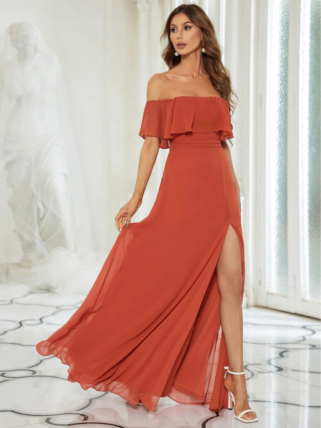 EVERPRETTY Open Shoulder Ruffle Sleeve Side Slit A-Line Chiffon Burgundy Bridesmaid Dress, Wedding Guest - image 19
