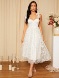 Belle Floral Embroidered Elegant White Wedding Dress, Bridal Shower Dress White Dress,Bride