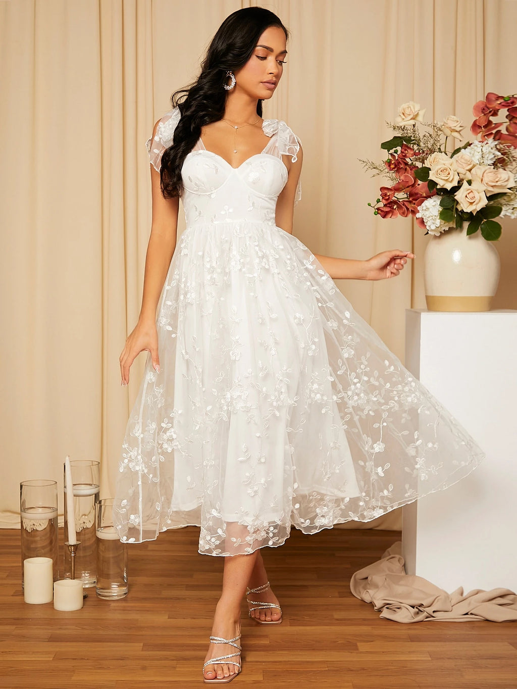 Belle Floral Embroidered Elegant White Wedding Dress, Bridal Shower Dress White Dress,Bride - image 3