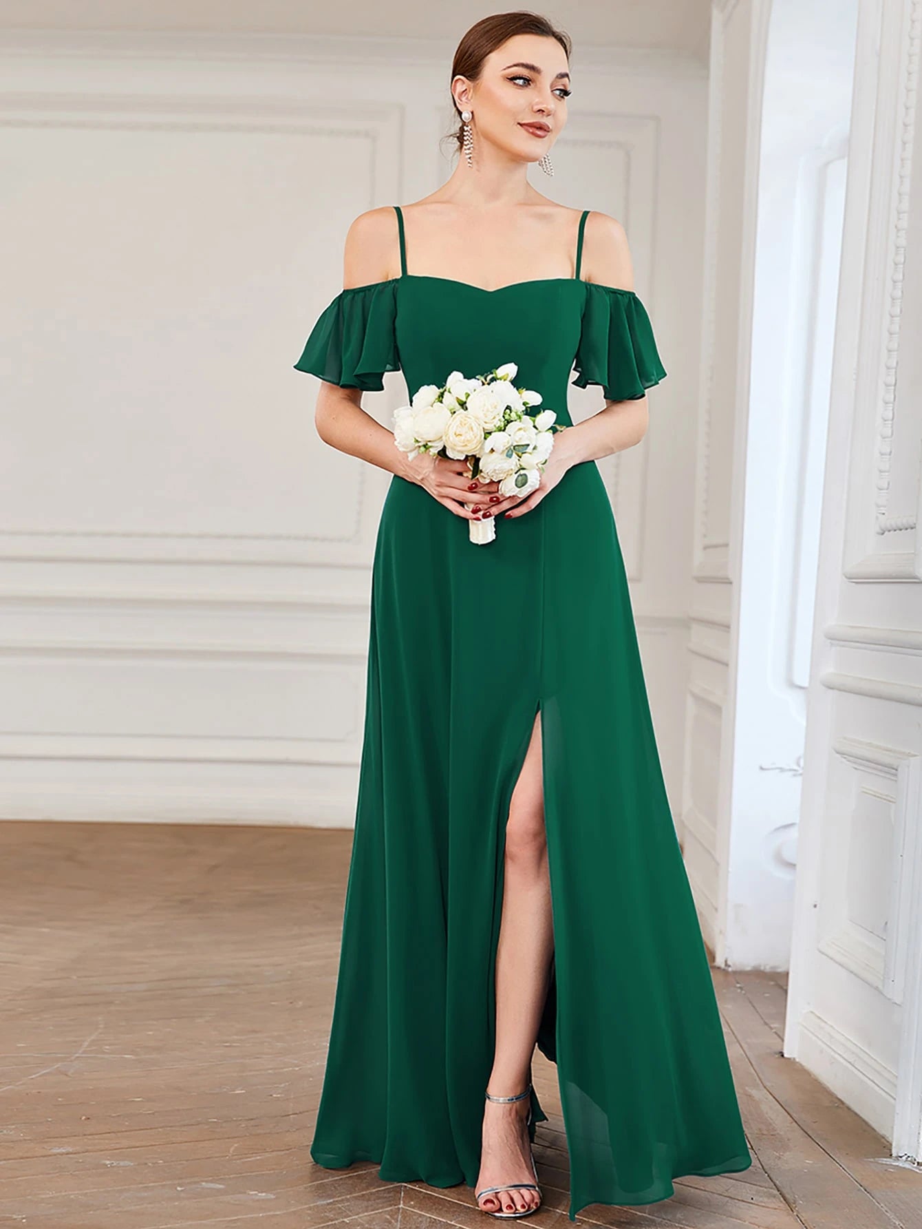 EVERPRETTY Elegant Open Shoulder Chiffon Long Bridesmaid Dress,