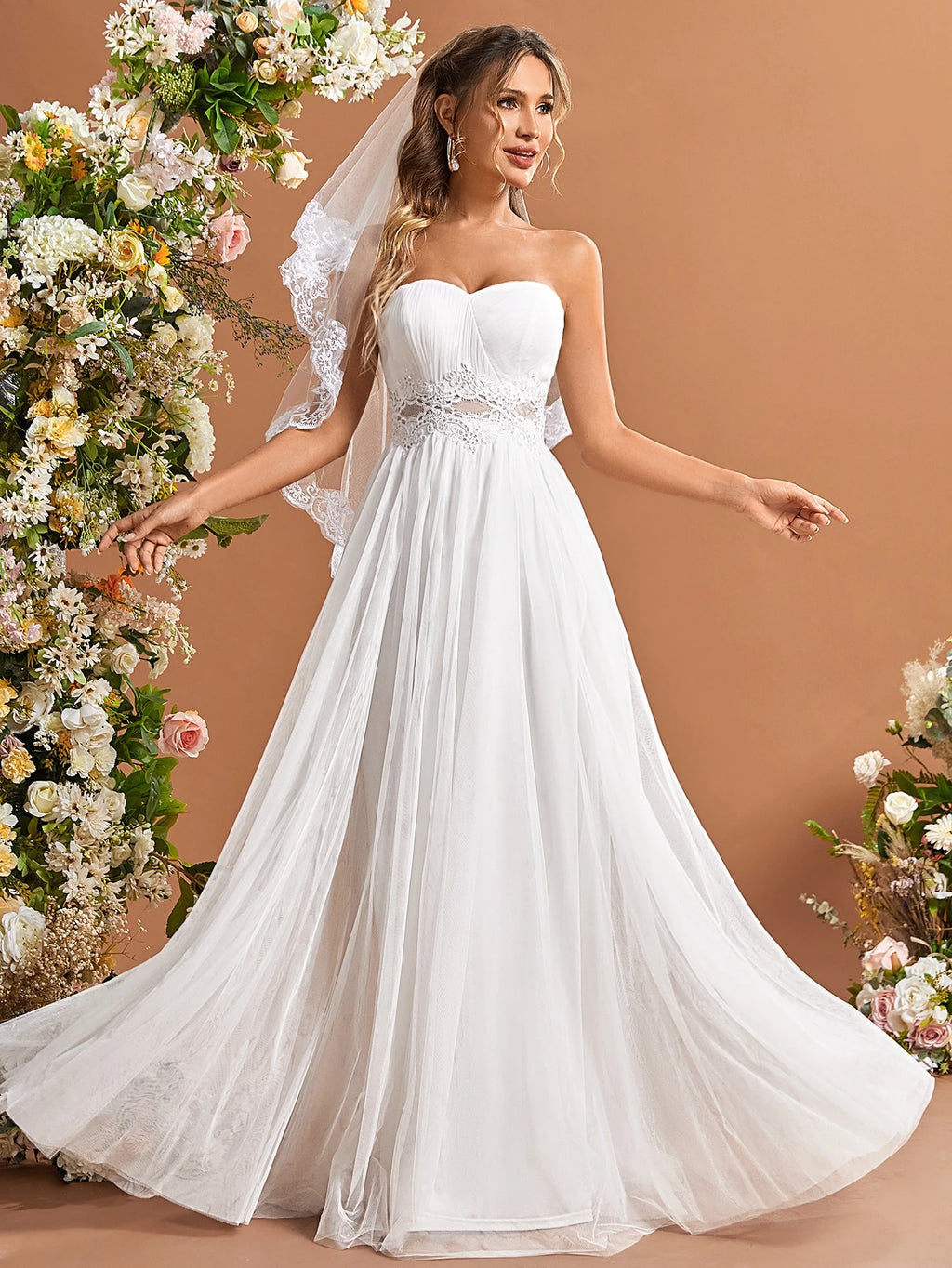 UNITHORSE Contrast Lace Mesh Headless Veil White Elegant Wedding Dress For Bride