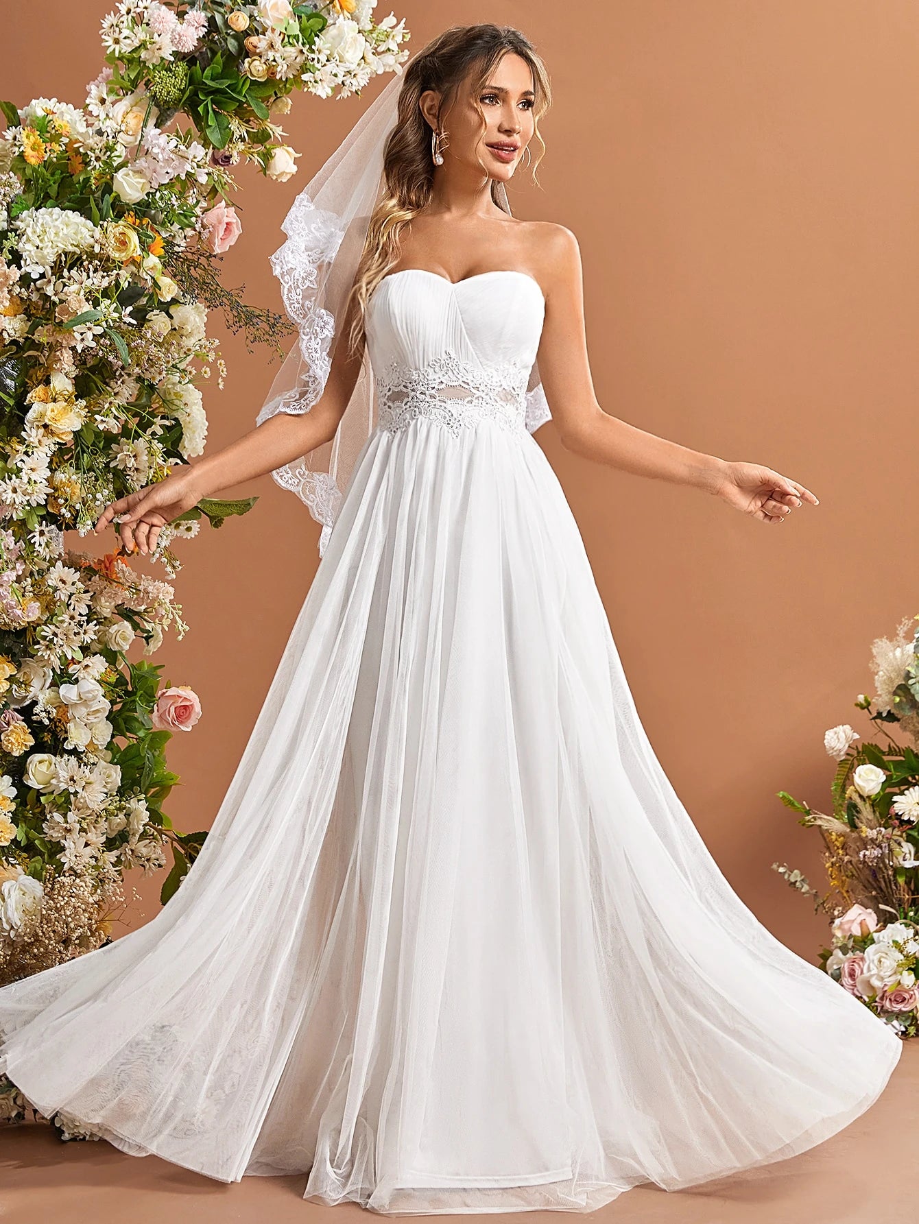 UNITHORSE Contrast Lace Mesh Headless Veil White Elegant Wedding Dress For Bride