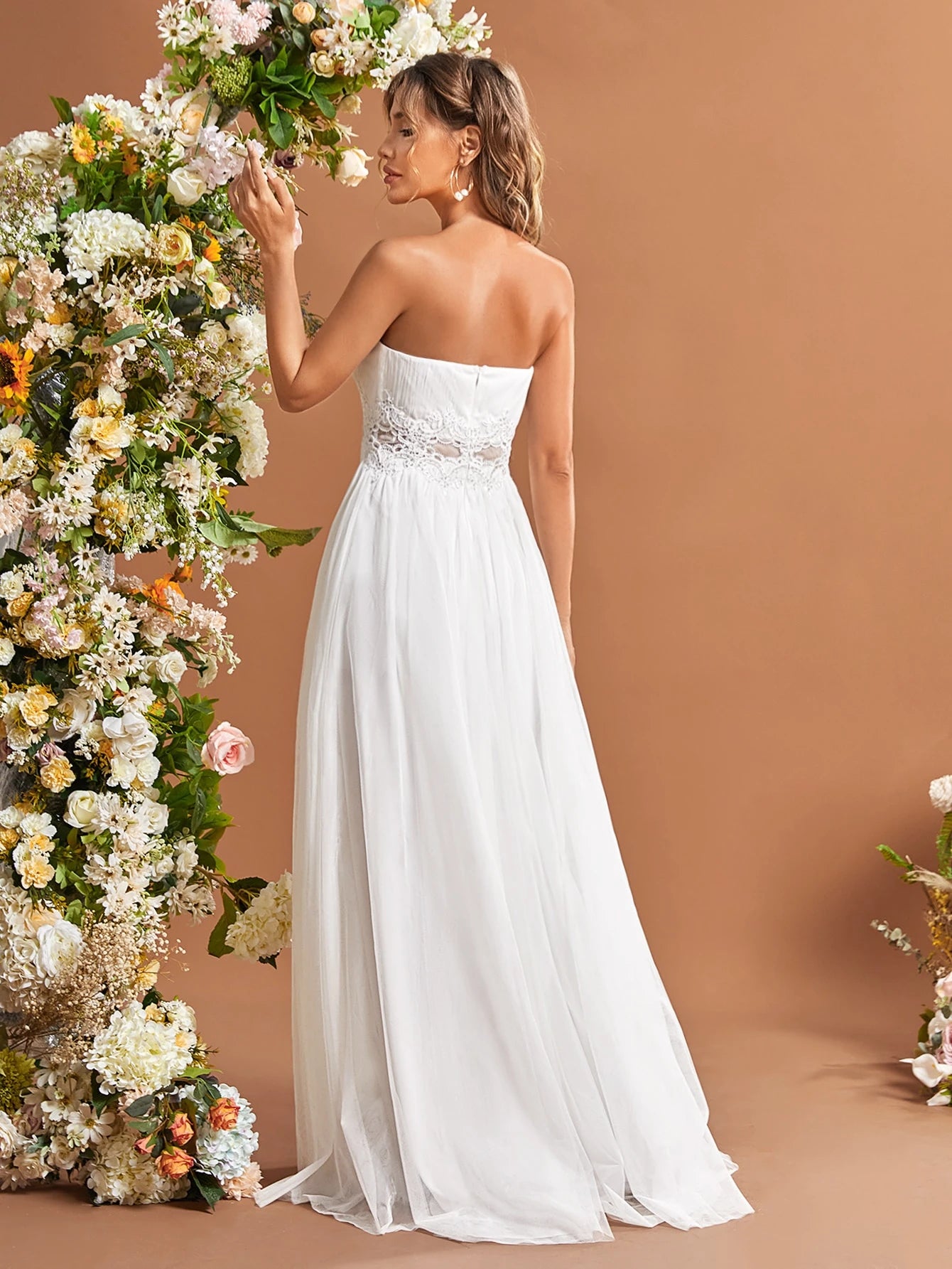 UNITHORSE Contrast Lace Mesh Headless Veil White Elegant Wedding Dress For Bride - image 2