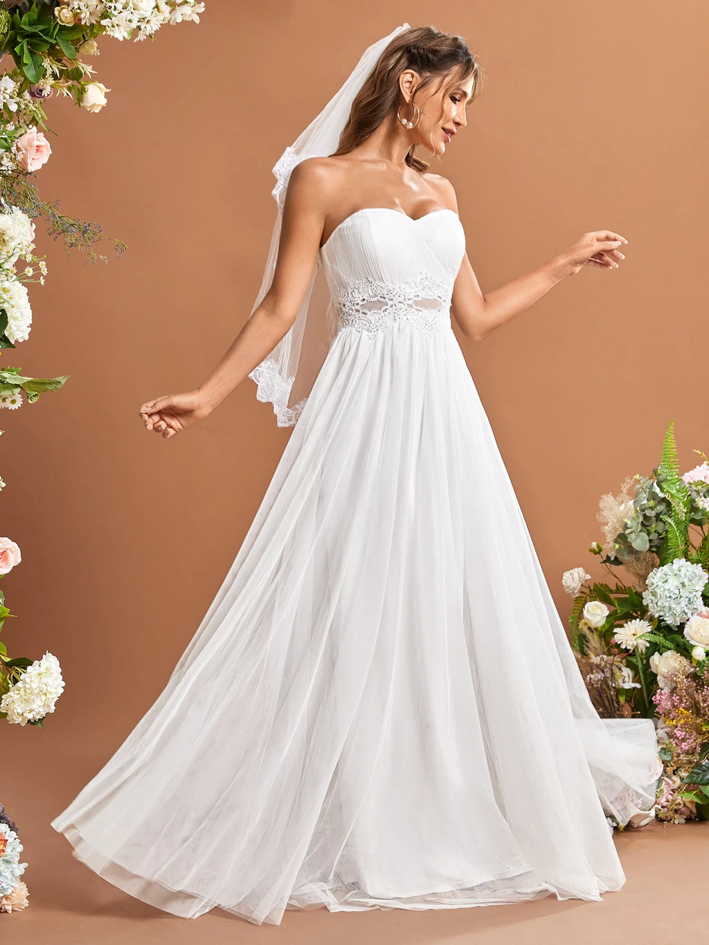 UNITHORSE Contrast Lace Mesh Headless Veil White Elegant Wedding Dress For Bride - image 3