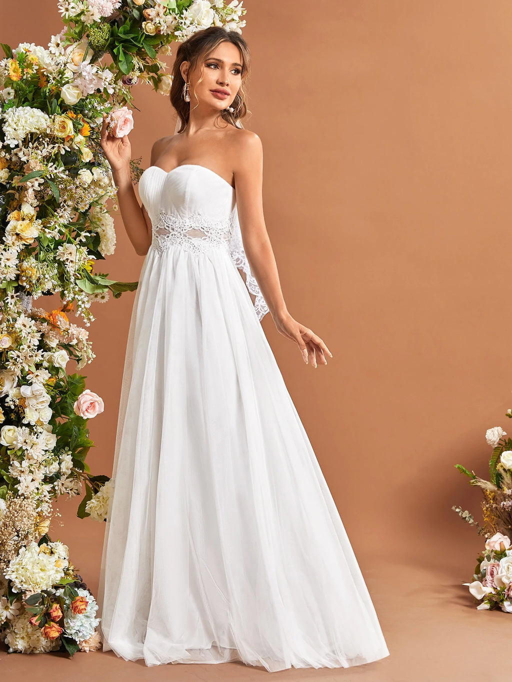 UNITHORSE Contrast Lace Mesh Headless Veil White Elegant Wedding Dress For Bride - image 4