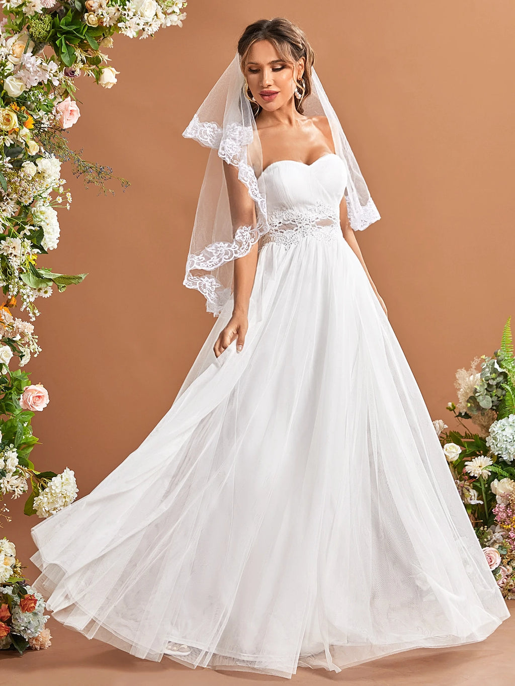 UNITHORSE Contrast Lace Mesh Headless Veil White Elegant Wedding Dress For Bride - image 5