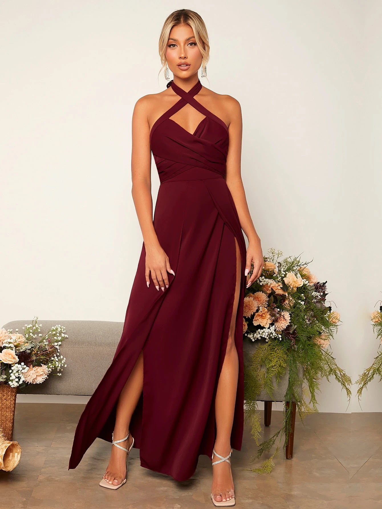 Belle Criss Cross Tie Backless Wrap Hem Halter Bridesmaid Dress Elegant Dress - image 3