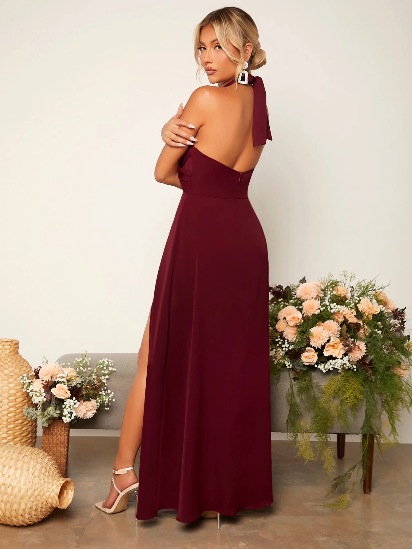 Belle Criss Cross Tie Backless Wrap Hem Halter Bridesmaid Dress Elegant Dress - image 2