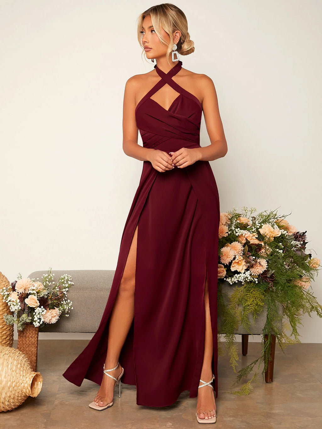 Belle Criss Cross Tie Backless Wrap Hem Halter Bridesmaid Dress Elegant Dress - image 5