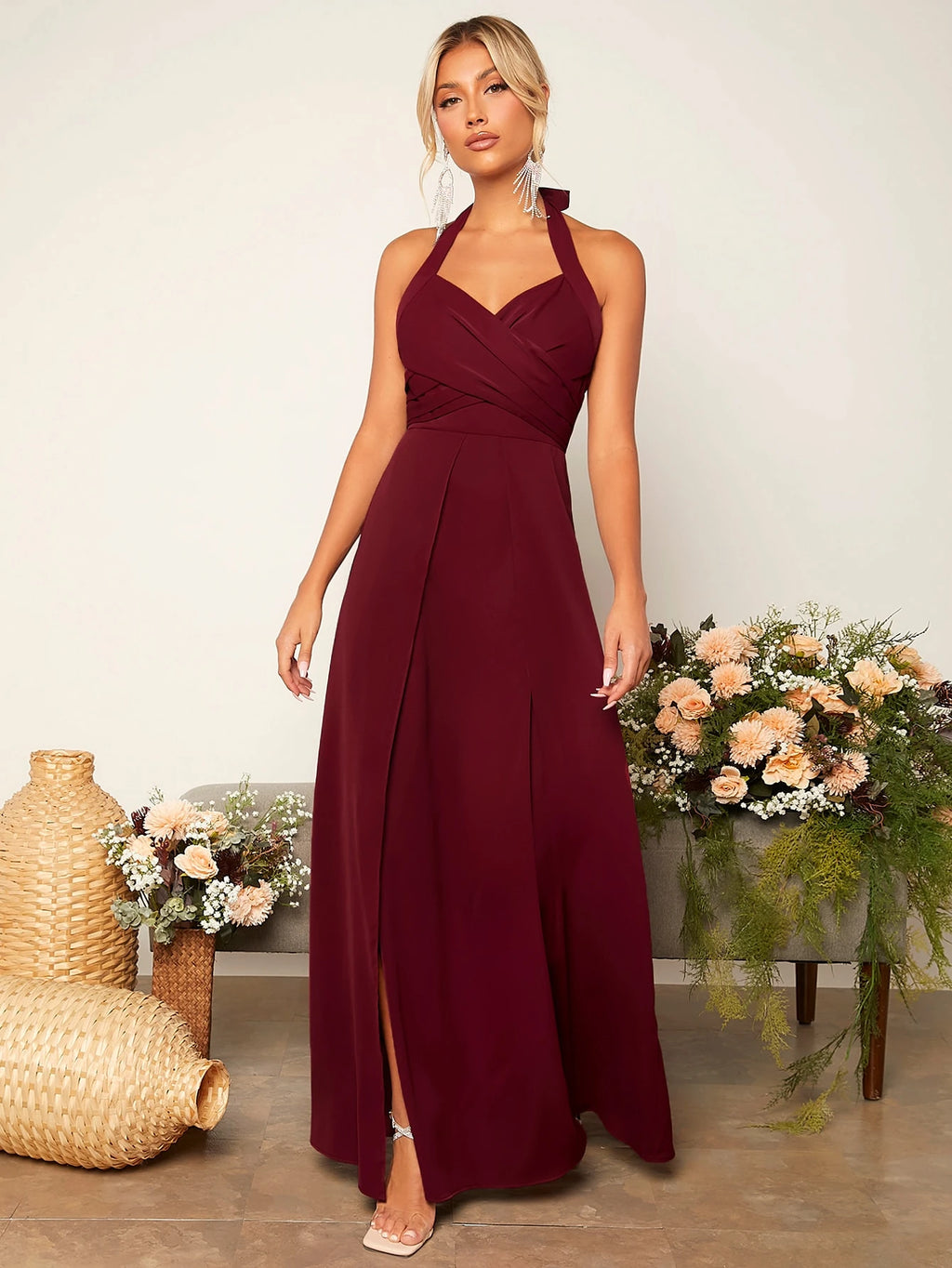 Belle Criss Cross Tie Backless Wrap Hem Halter Bridesmaid Dress Elegant Dress - image 6