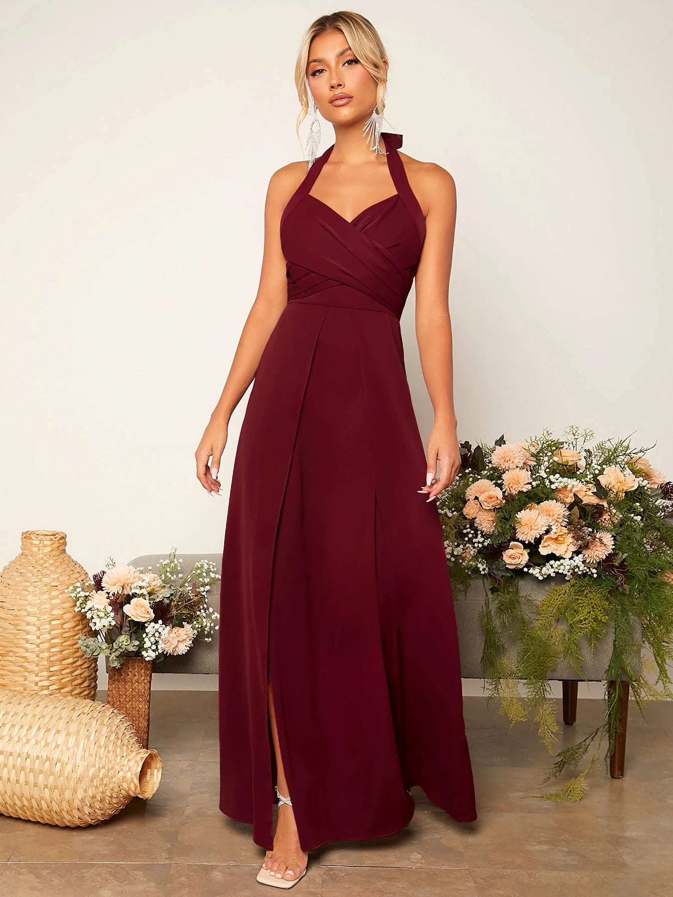 Belle Criss Cross Tie Backless Wrap Hem Halter Bridesmaid Dress Elegant Dress - image 6