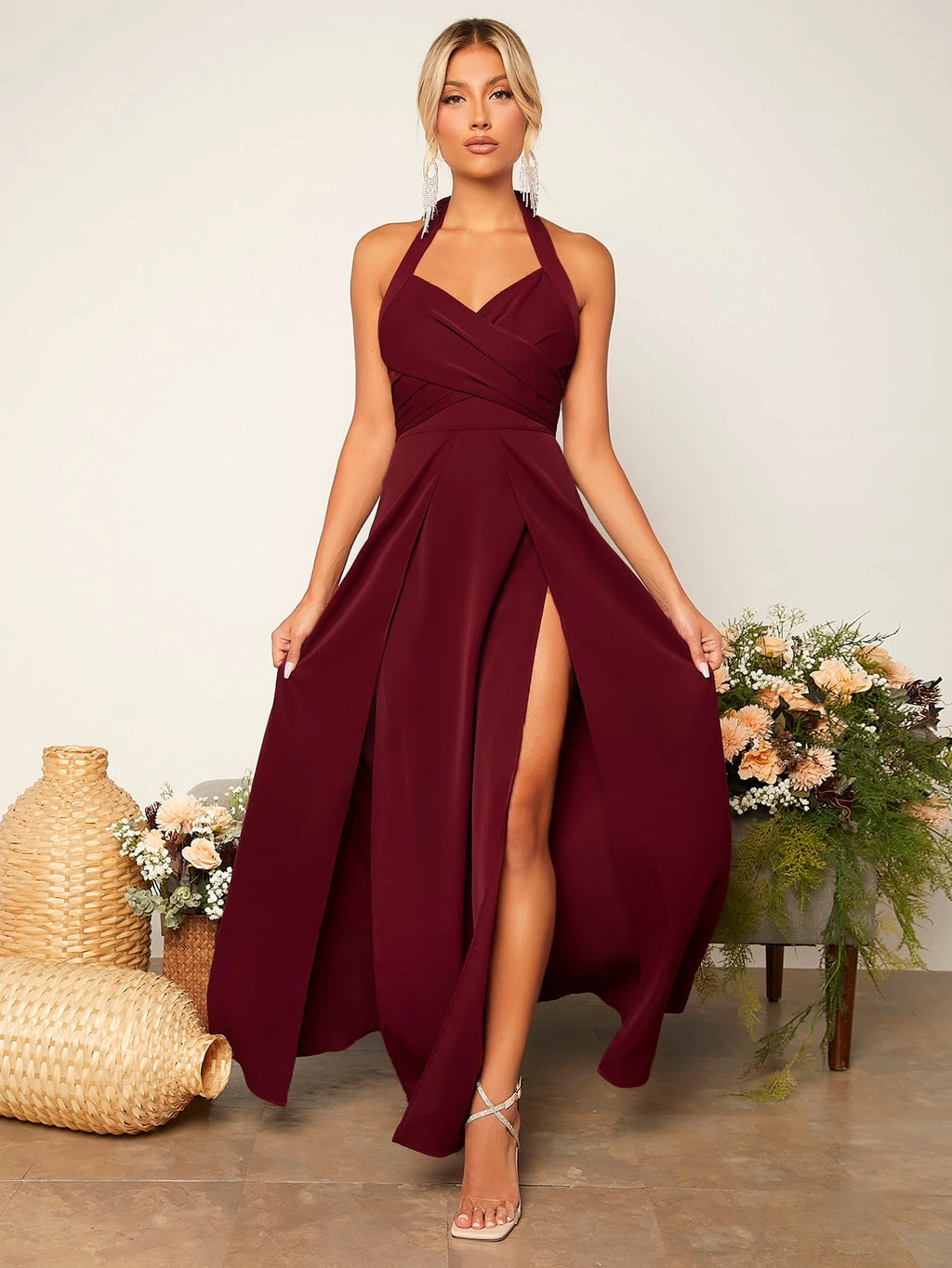 Belle Criss Cross Tie Backless Wrap Hem Halter Bridesmaid Dress Elegant Dress