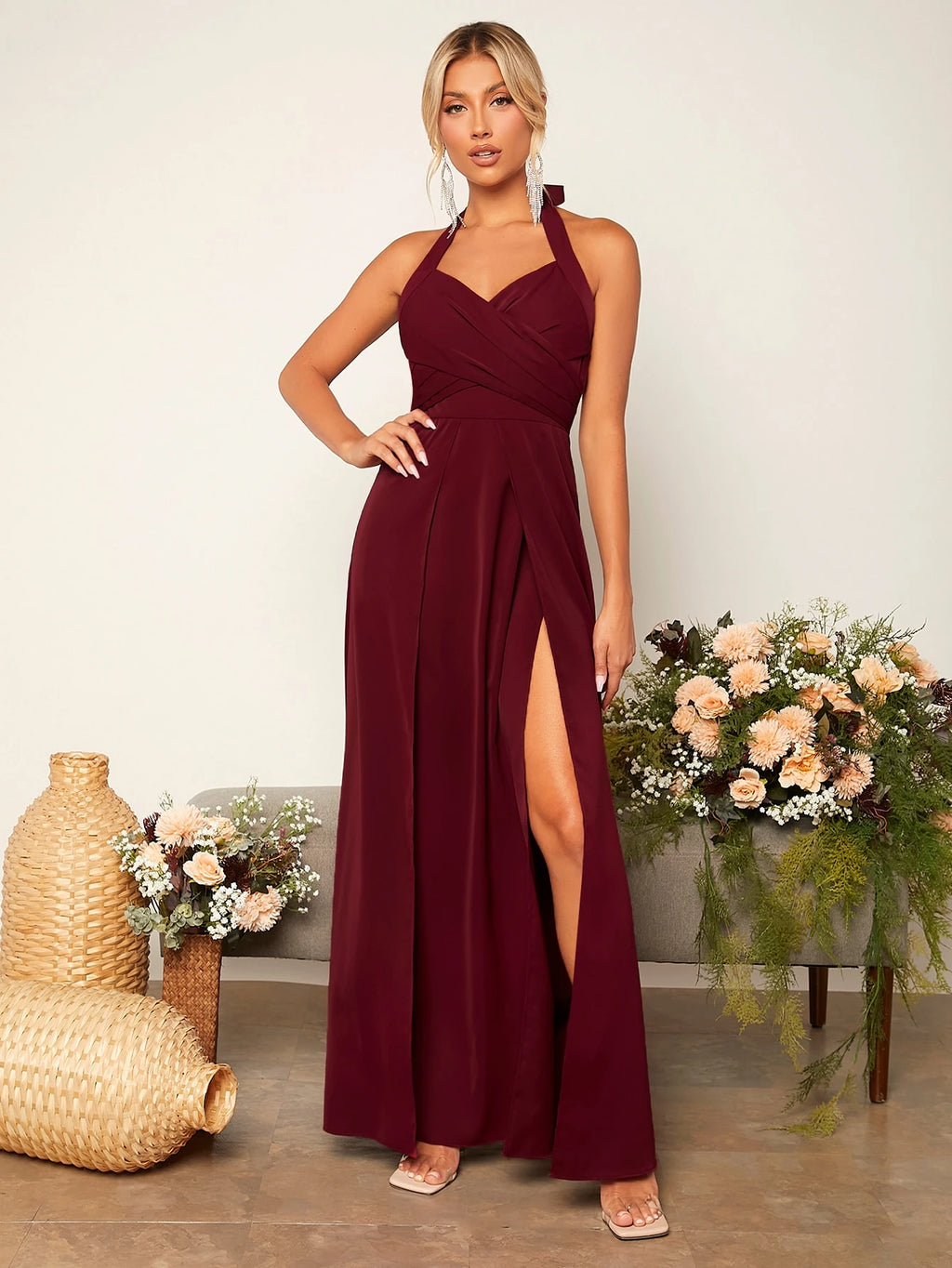 Belle Criss Cross Tie Backless Wrap Hem Halter Bridesmaid Dress Elegant Dress - image 7