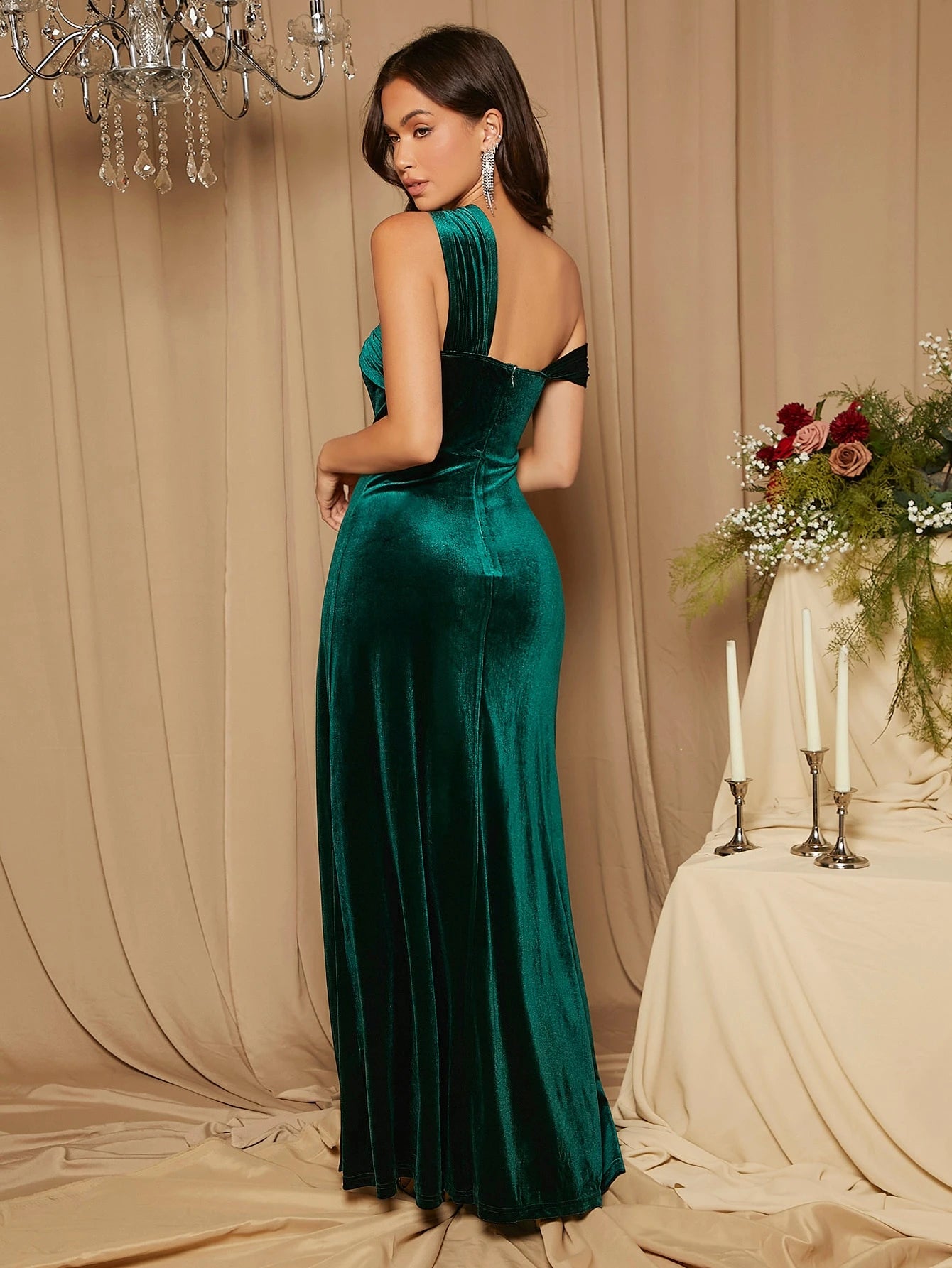 Belle Asymmetrical Shoulder Split Thigh Velvet Bridesmaid Dress Elegant Dress - image 9