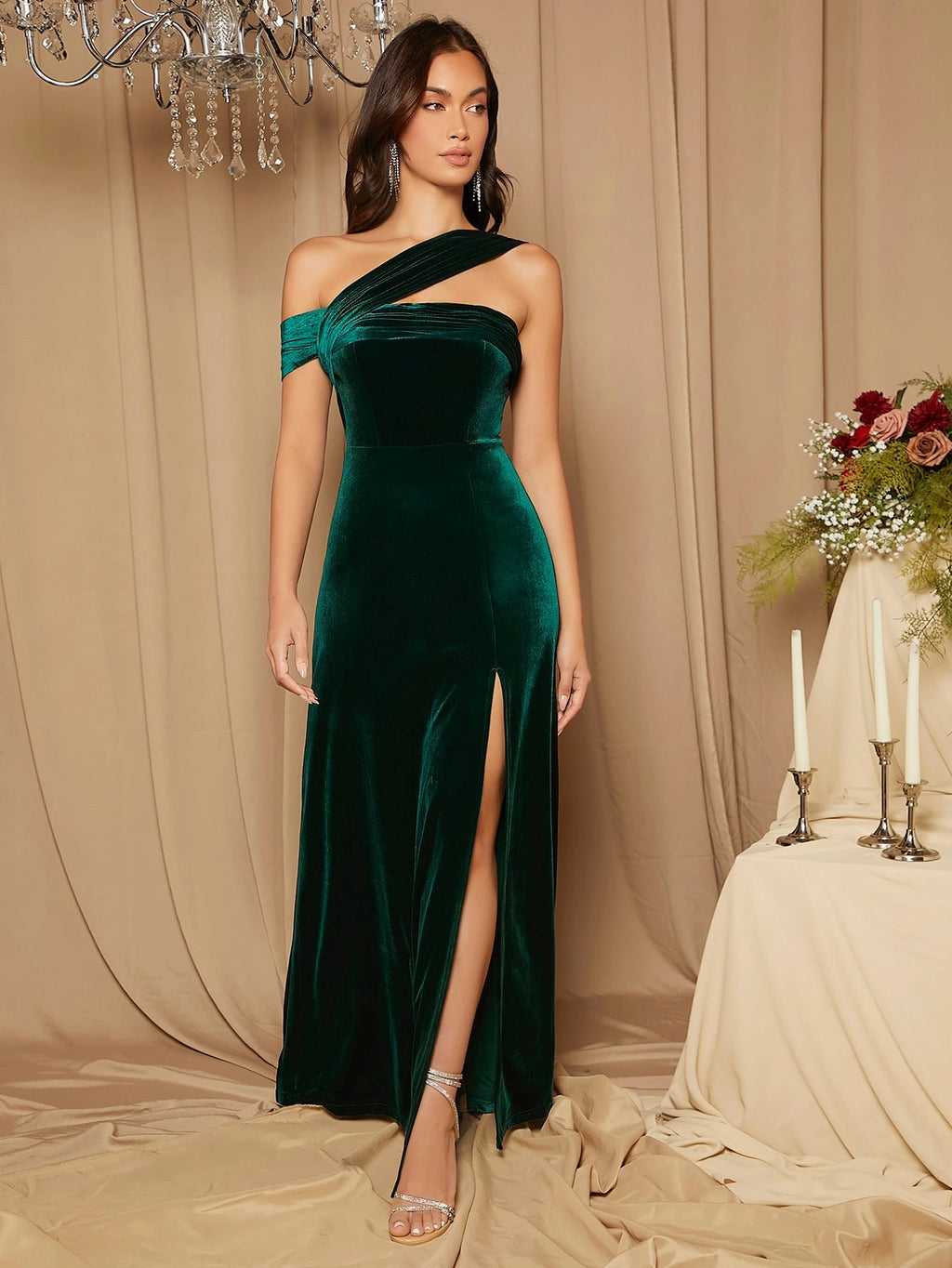 Belle Asymmetrical Shoulder Split Thigh Velvet Bridesmaid Dress Elegant Dress - image 17