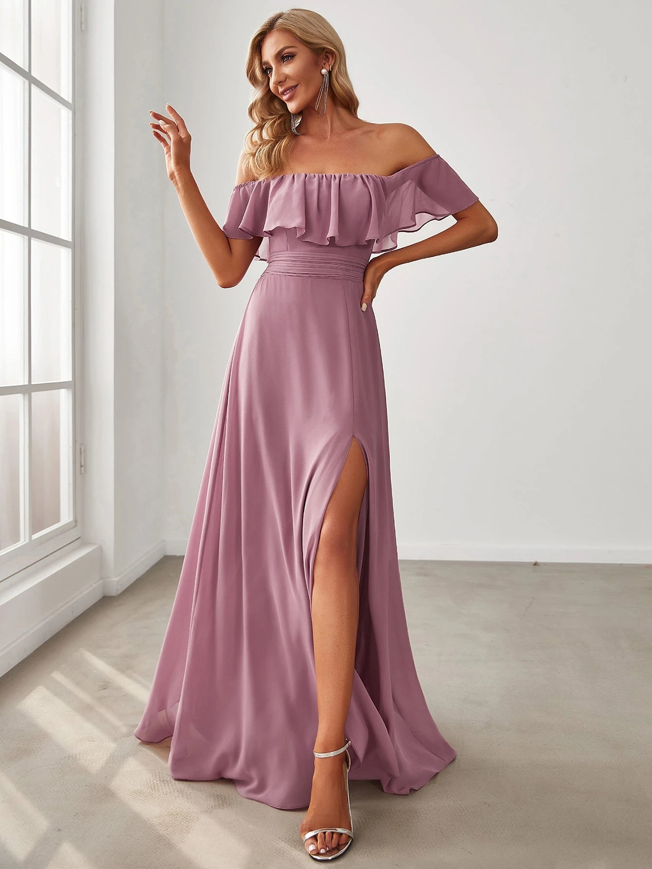 EVERPRETTY Open Shoulder Ruffle Sleeve Side Slit A-Line Chiffon